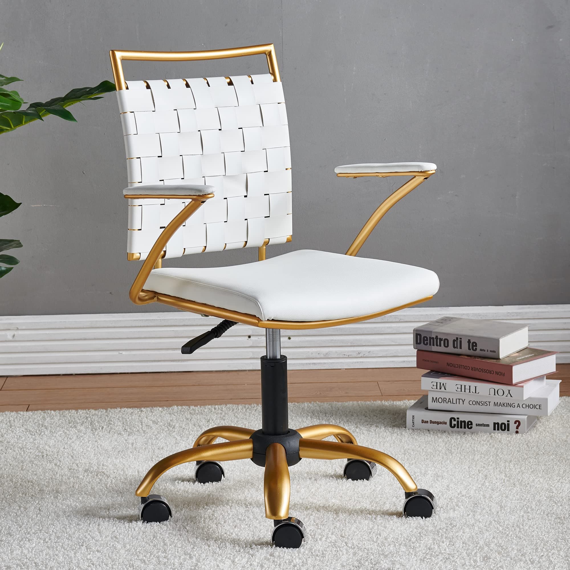 Vanity Chair Gold Office Chair Mid Back Ergonomic Swivel Computer Desk Chair with Arms, Ergonomic White Leather Chair for Lumbar Support & Extra Back,Home Office Chair for Desk