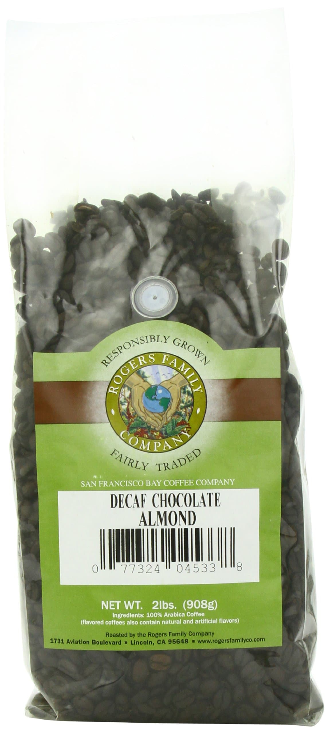 Rogers Family Company Whole Bean Coffee, Decaf Chocolate Almond, 32 Ounce