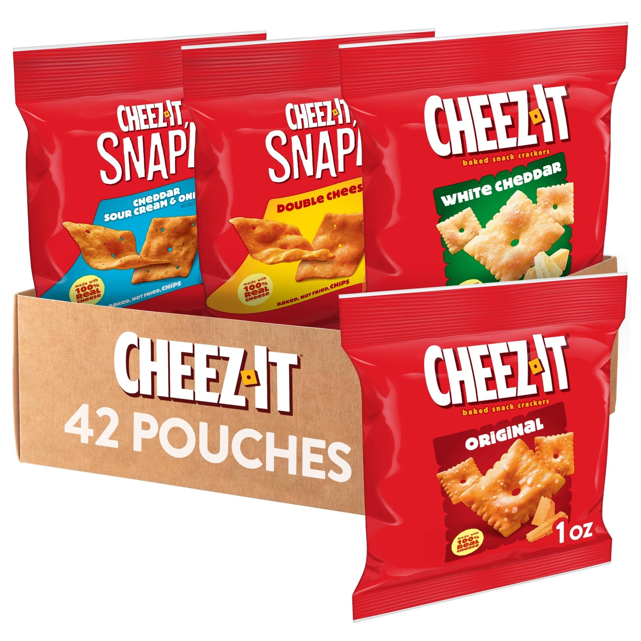 Cheez-It Baked Snack Cheese Crackers, 4 Flavor Variety Pack, School Lunch Snacks, Single Serve Bag (42 Bags)