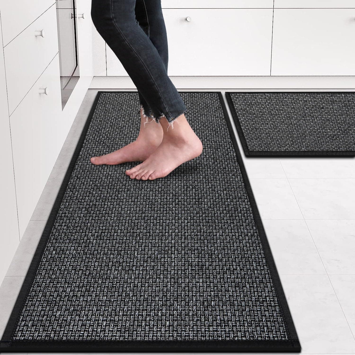 Kitchen Rugs Non Skid Washable Set of 2 PCS, Absorbent Runner Rugs for Kitchen, Farmhouse Weave Floor Mats in Front of Sink, 17.3"x 47"+17.3"x 29" (Inky)