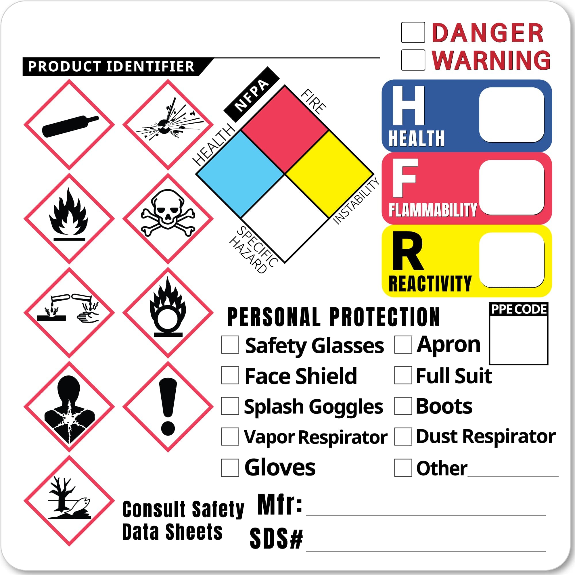 2-1/2'' x 2-1/2'', Optimized GHS Labels Hazardous Chemical Safety Data Stickers - HAZCOM Secondary Container HMIS OSHA MSDS Hazard NFPA SDS MSD Hazmat Sheet