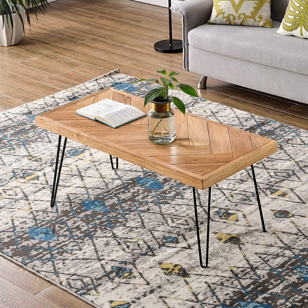 Modern Coffee Table, Easy Assembly Tea Table Cocktail Table for Living Room w/Chevron Pattern & Metal Hairpin Legs (Nature Round Wood)