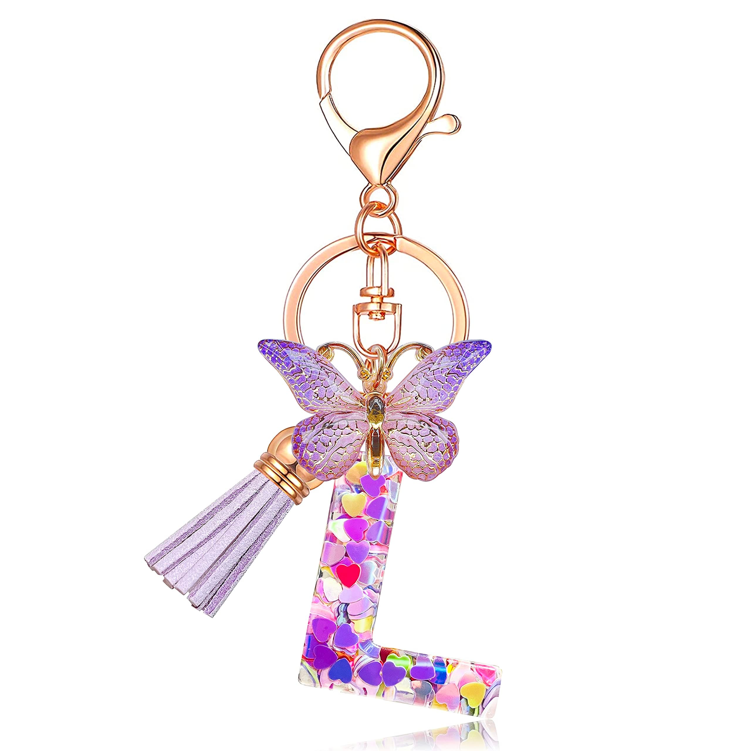 JINGUAZI Initial letter Keychains for Women Tassel Butterfly Pink Purple Cute Car Keychain for Wallet Backpack bag charm