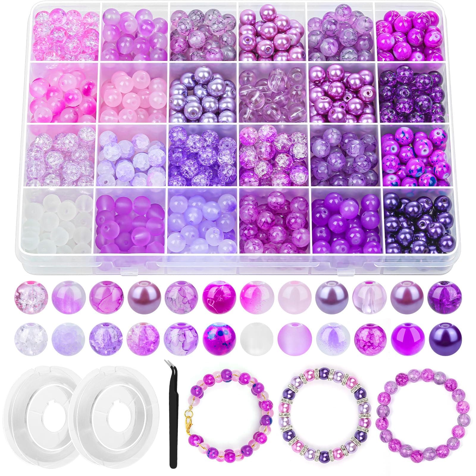 PAXCOO 720pcs Glass Beads for Jewelry Making 8mm, 24 Colors Bead Bracelet Making Kit Purple Round Loose Beads for Bracelet Earring Necklace Jewelry Making Supplies