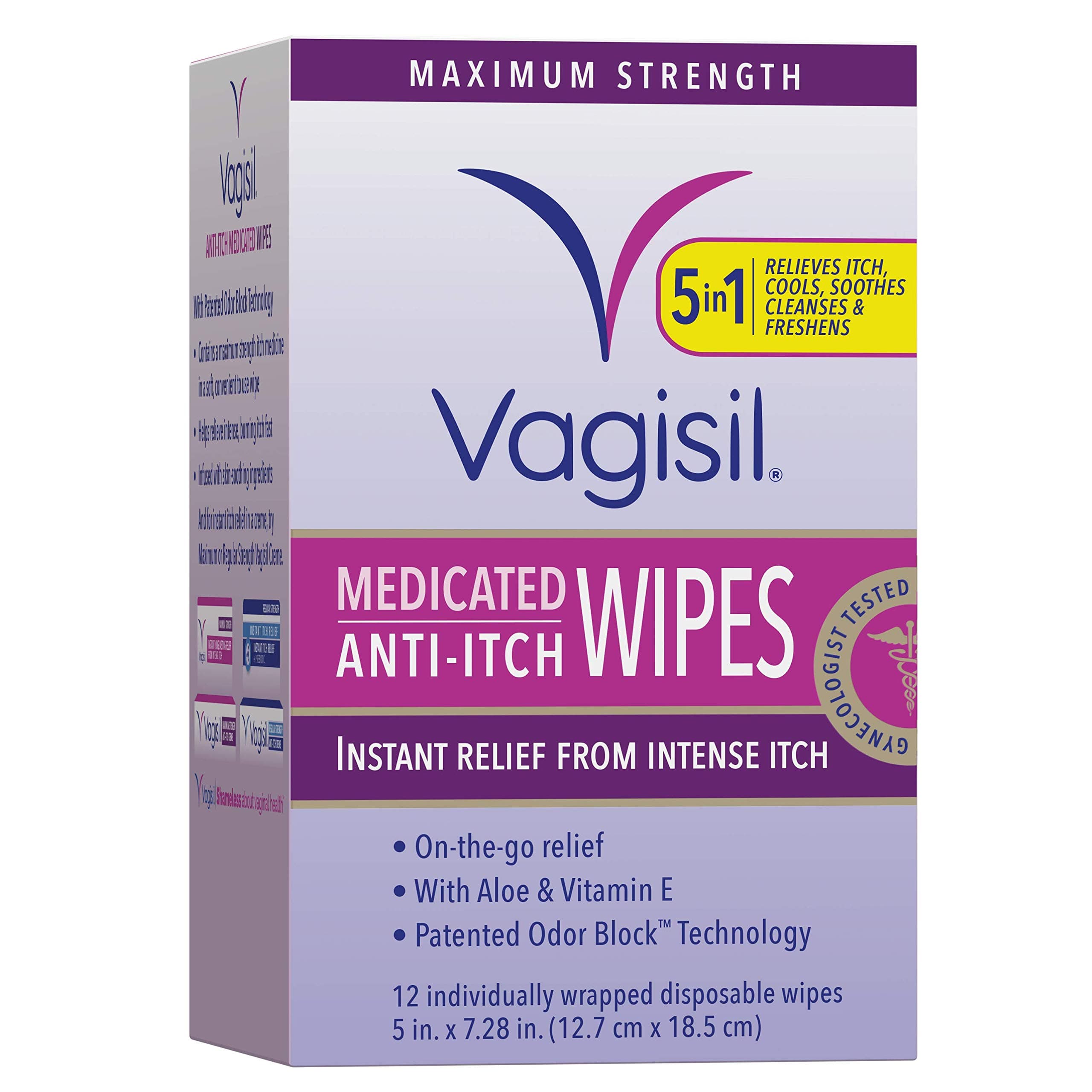 Anti-Itch Medicated Feminine Intimate Wipes for Women, Maximum Strength, Gynecologist Tested, 12 Wipes (Pack of 1)