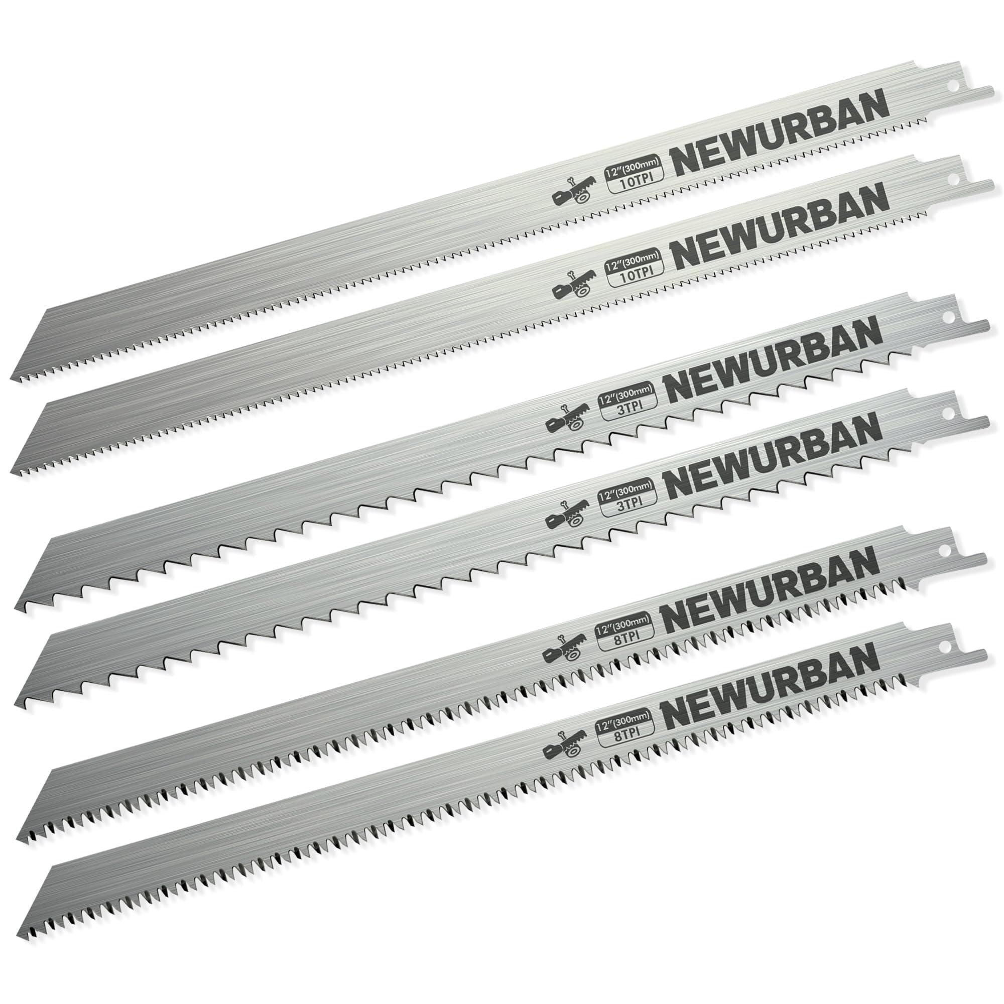 NEWURBAN 6 Pack Stainless Steel Reciprocating Saw Blades - 12pc 12 in (300mm) / 3TPI - 2pc 8TPI - 2pc 10TPI
