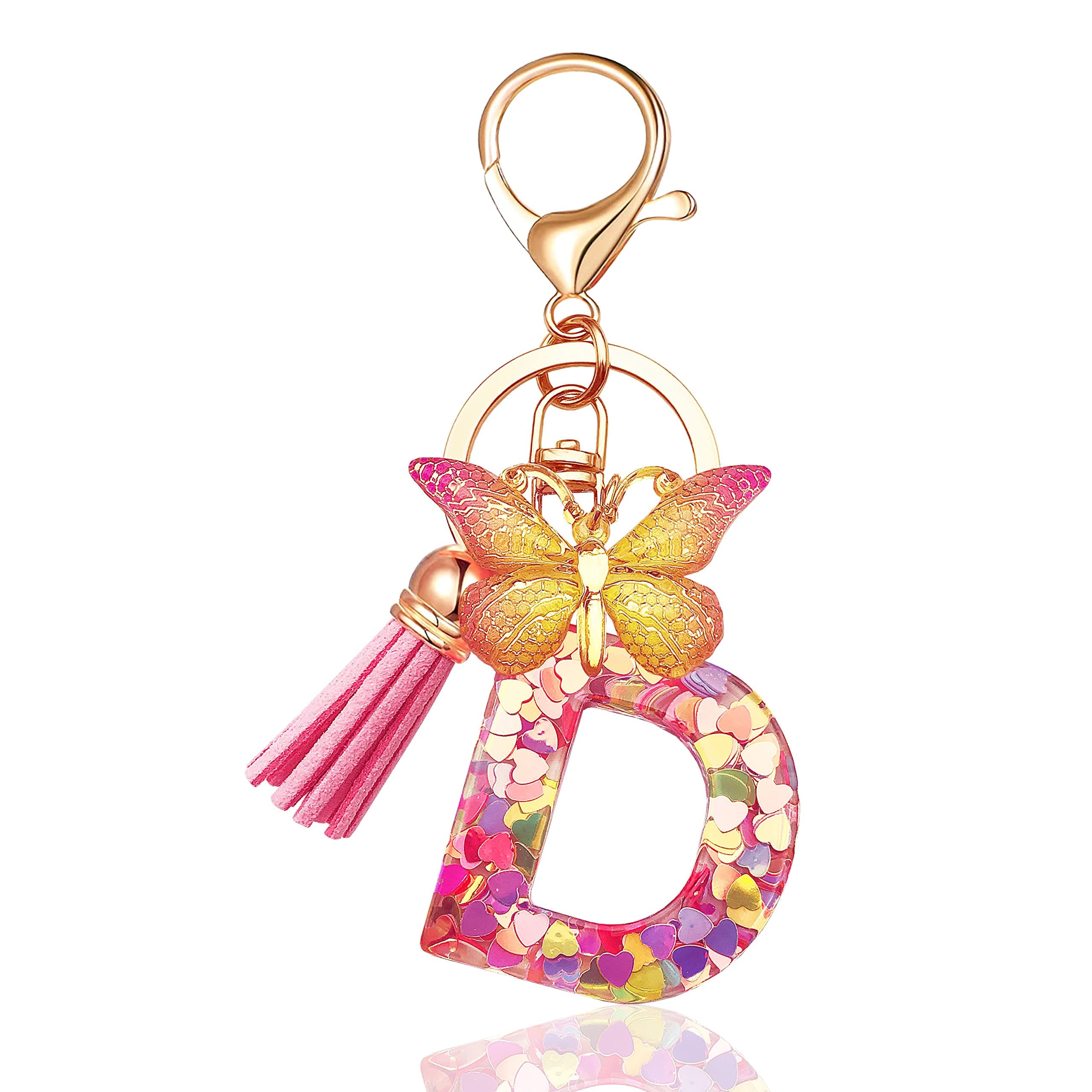 Initial letter Keychains for Women Tassel Butterfly Pink Purple Cute Car Keychain for Wallet Backpack bag charm