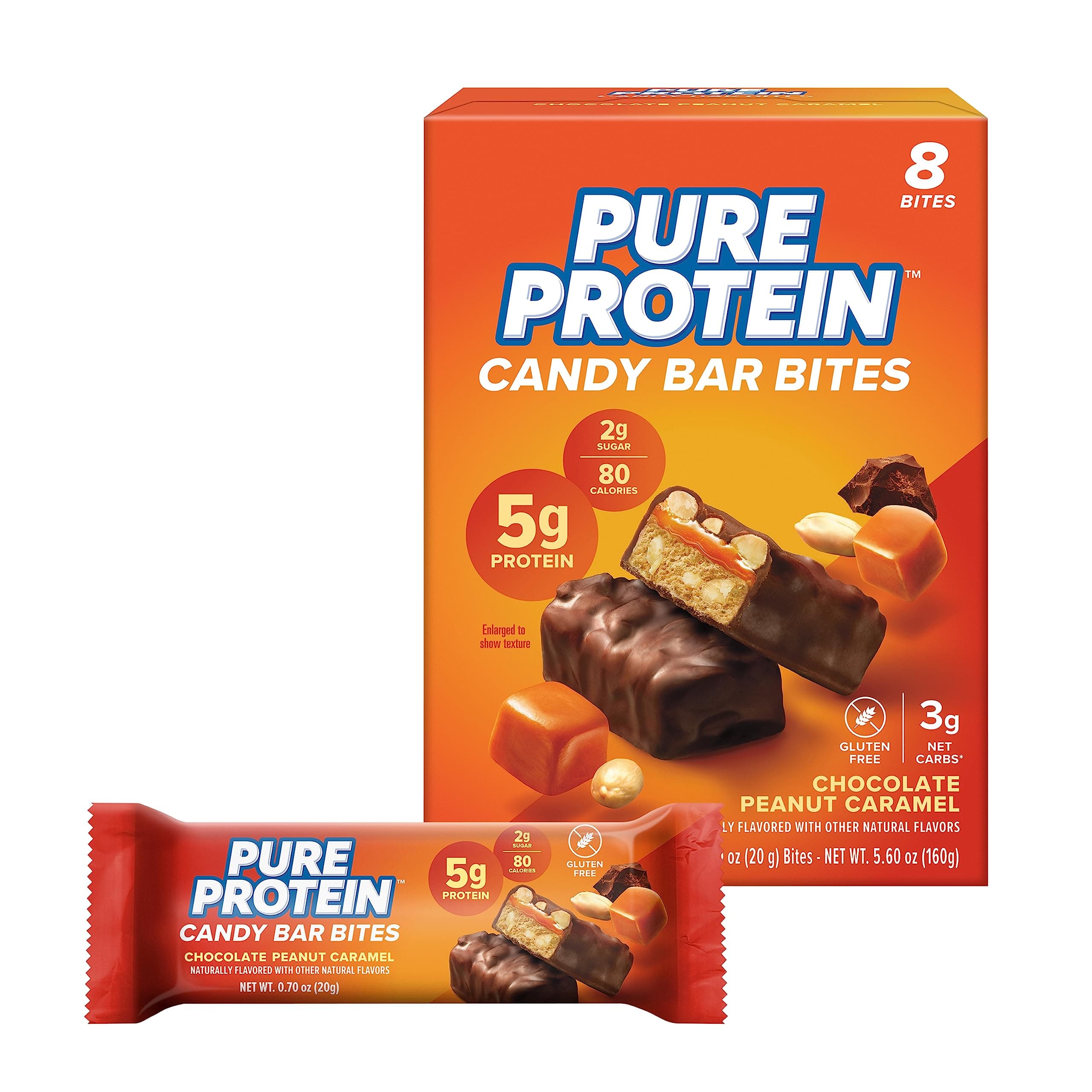 Pure Protein Candy Bar Bites, Chocolate Peanut Caramel, 5g Protein, Gluten Free, Low Sugar, 0.70 oz., 8 Pack (Packaging May Vary)
