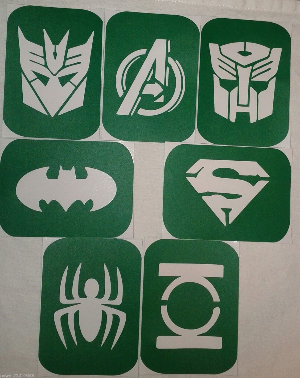 Pack of 7 Vinyl Tattoo Super heroes and Transformers Body Art Stencils Glitter