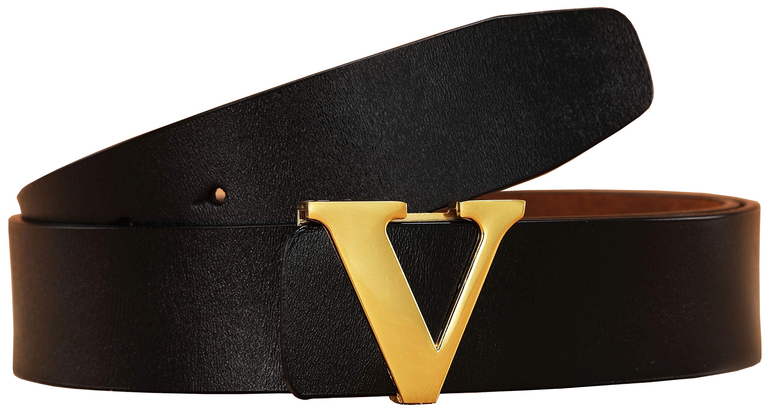 Men's Classic Gold/Silver V-Buckle Design Soft Calfskin Belt