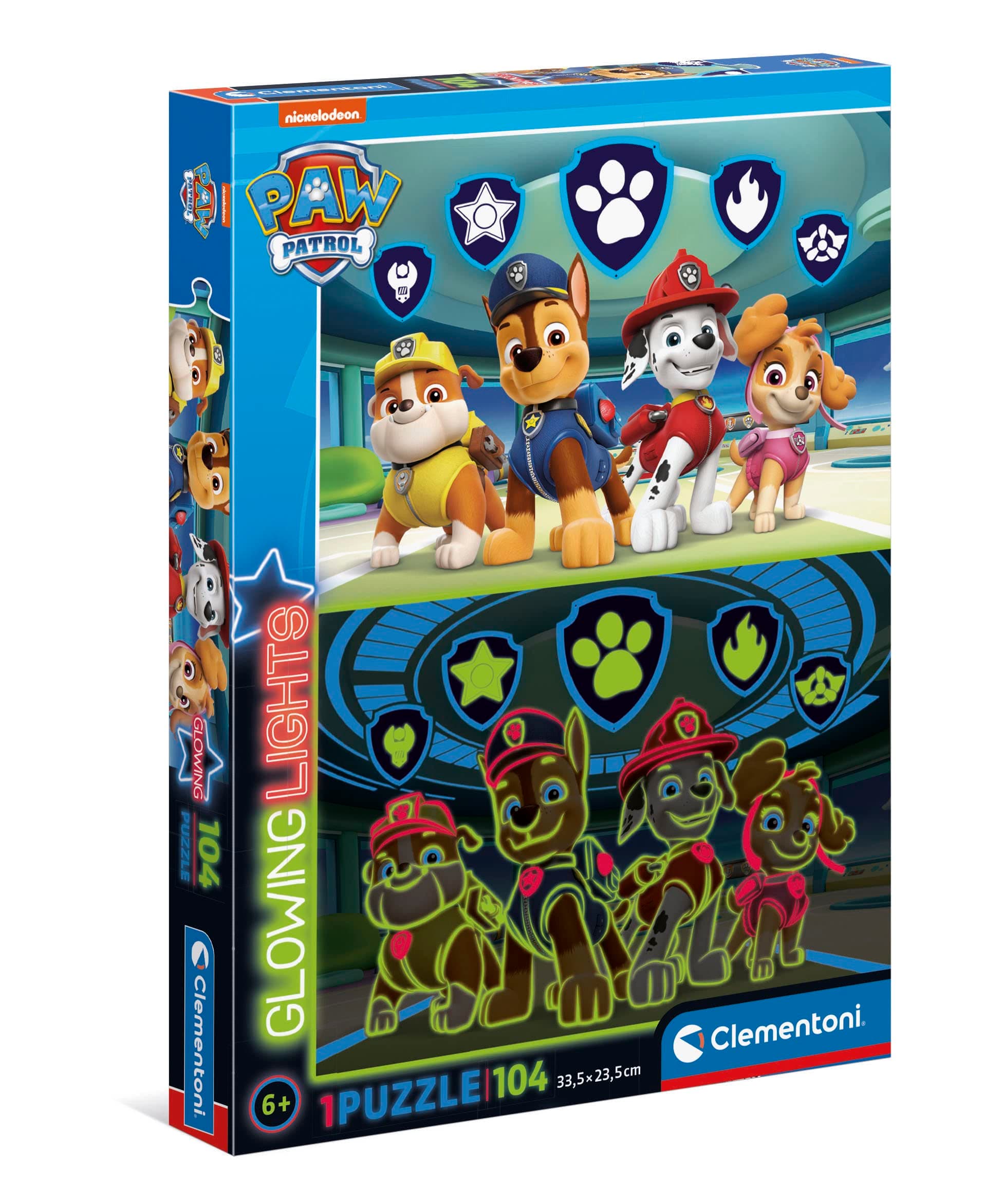 Clementoni27176 - Glowing Lights - Paw Patrol - Puzzle 104 Pieces from 6 Years, Colourful Children's Puzzle with Special Luminosity and Colour Intensity, Skill Game for Children