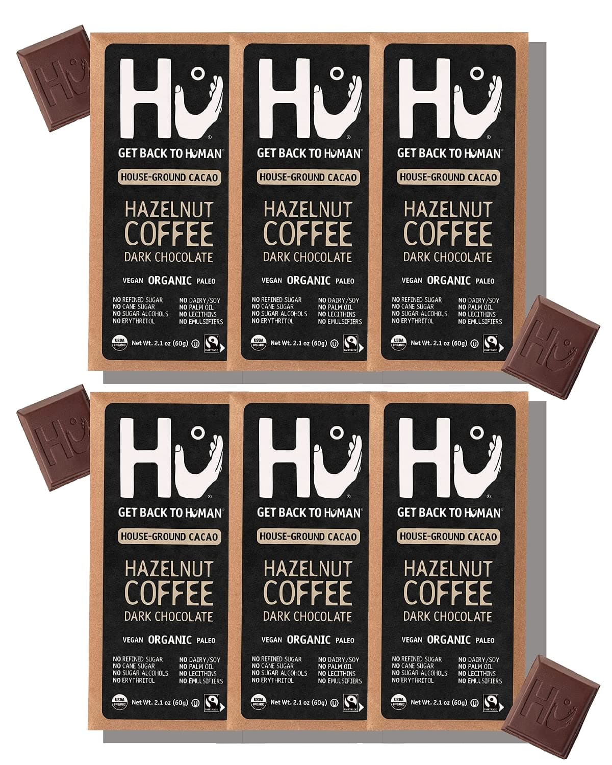 Hu Chocolate Bars | 6 Pack Hazelnut Coffee | Natural Organic Vegan, Gluten Free, Paleo, Non GMO, Fair Trade Dark Chocolate | 2.1oz Each