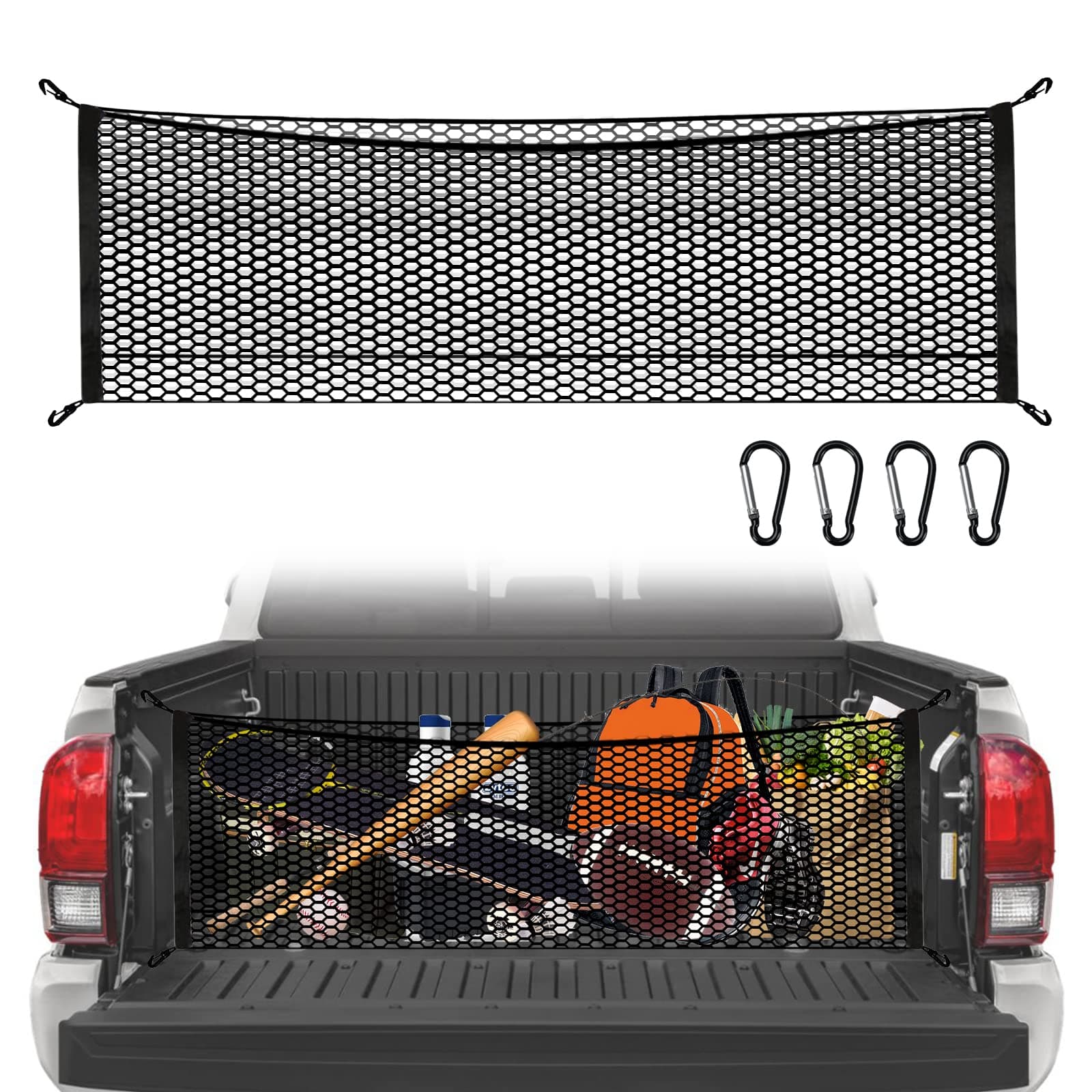 Cargo Net for Pickup Truck Bed for Trunk Organizers and Storage Additional with 4 Metal Carabiner Buckles - Silverdo, Ford F150,GMC