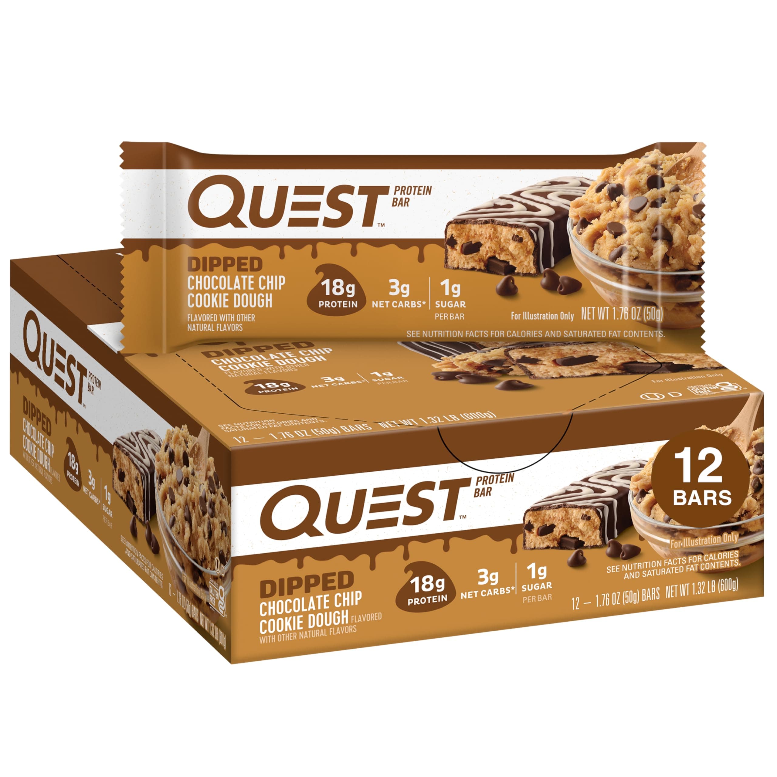 Quest Nutrition Dipped Chocolate Chip Cookie Dough Protein Bars, 1.76 Oz, 12 Ct