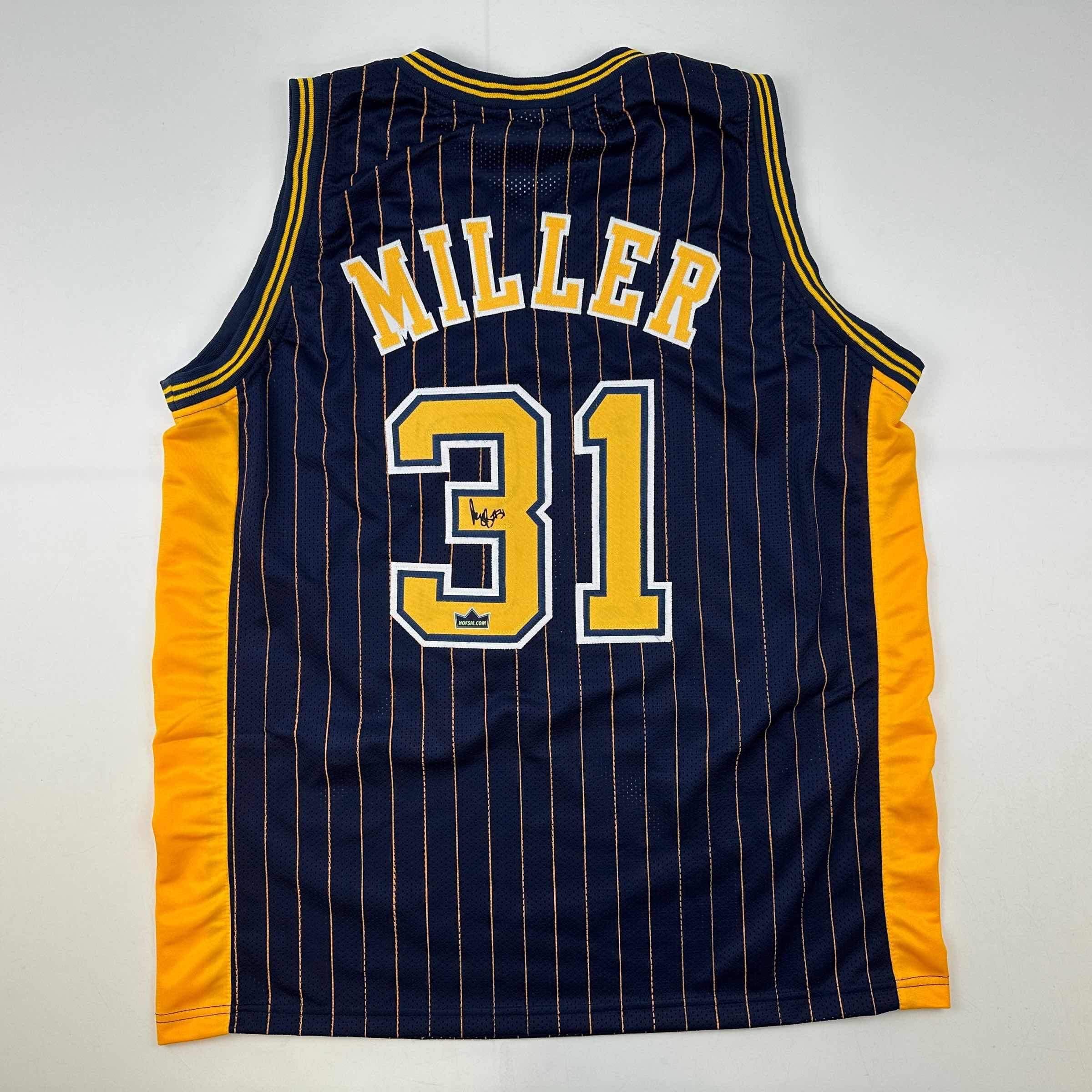 Facsimile Autographed Reggie Miller Indiana Blue Pinstripe Reprint Laser Auto Basketball Jersey Size Men's XL