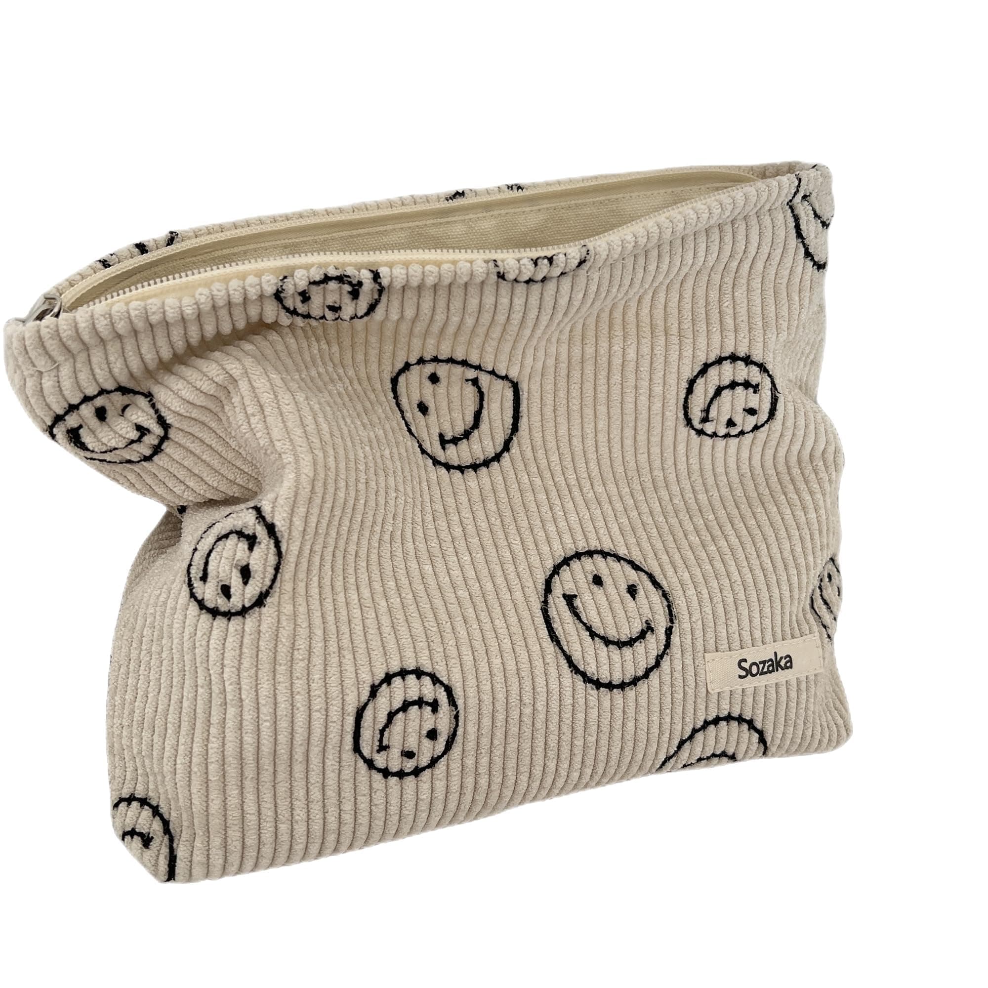 Darkye Aesthetic Corduroy Cosmetic Bag for Women - Smile Dots Makeup Organizer and Handbag Purse (Beige)