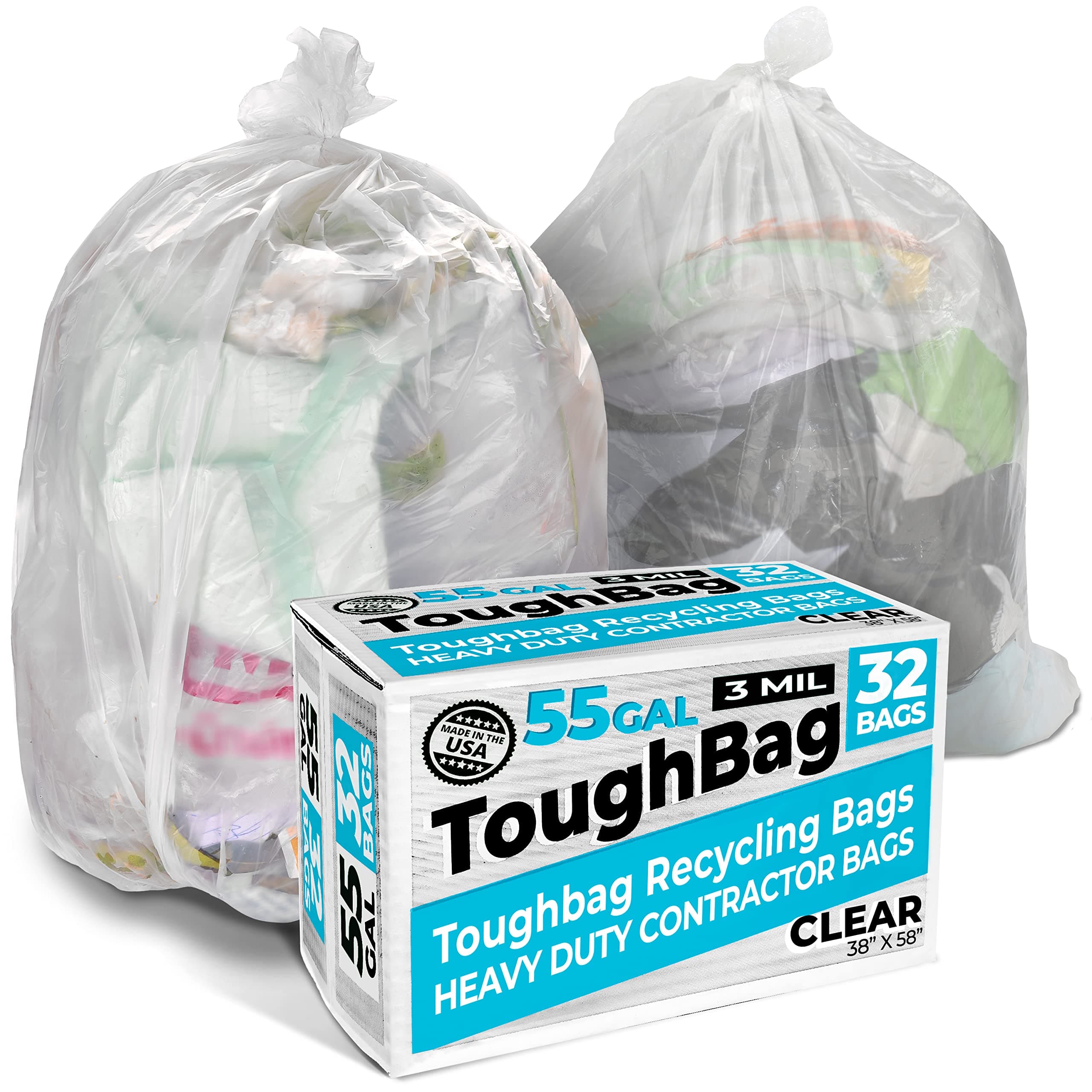ToughBag 55 Gallon Trash Bags, Heavy-Duty 3 Mil Contractor Bags, Large 55-60 Gallon Trash Can Liner, Recycling, 38 x 58" (32 COUNT/CLEAR) - Outdoor, Construction, Industrial, Lawn, Leaf - Made in USA