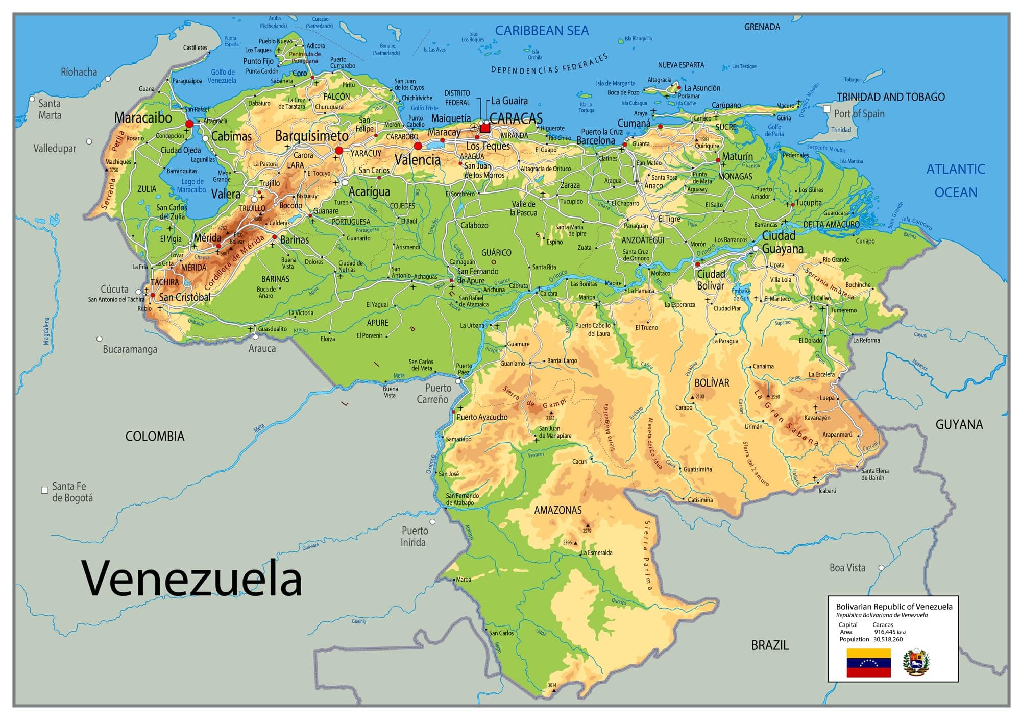 Venezuela Physical Map - 23.3 x 16.5 Inches - Paper Laminated