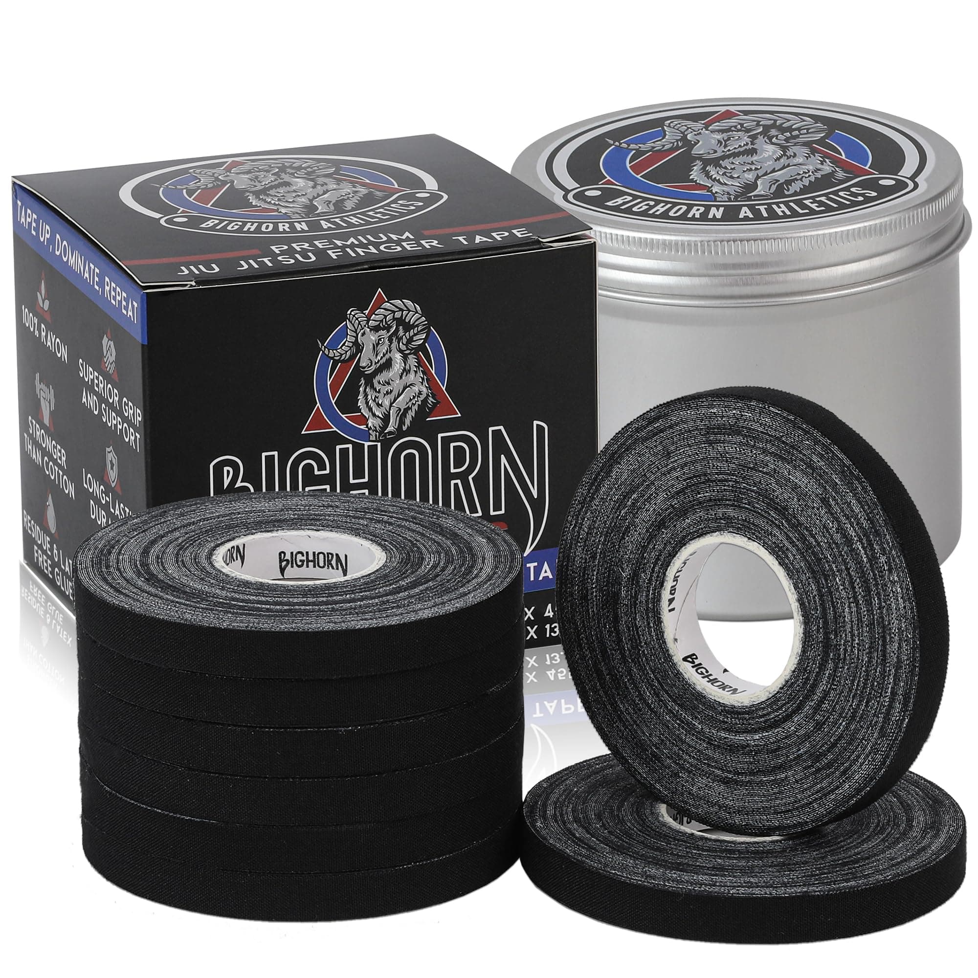 Bighorn Athletics Pro Series Jiu-Jitsu Finger Tape, 8-Rolls with Tin Holder, Enhanced Extra Strength, Residue-Free (0.3-Inch, Black)