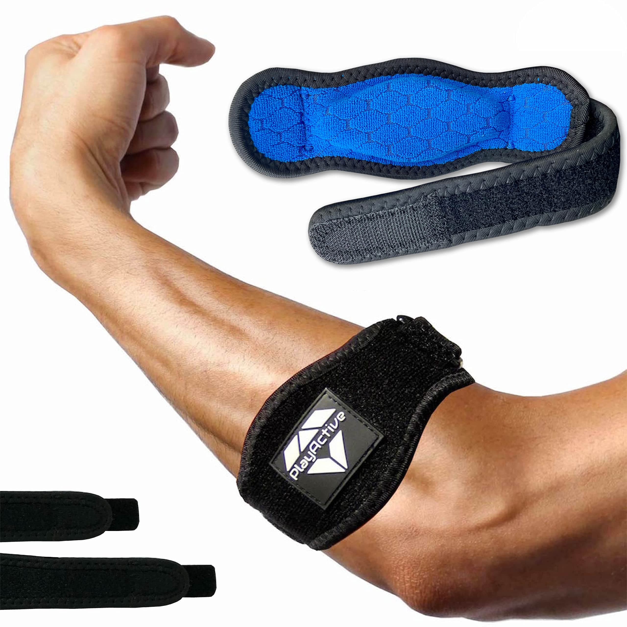 Tennis Elbow Brace (2+2 Pack) for Tendonitis - Best Tennis & Golfer's Elbow Strap Band with Compression Pad - Relieves Forearm Pain - Includes Two Elbow Support Braces, Two Extra Straps & E-Guide