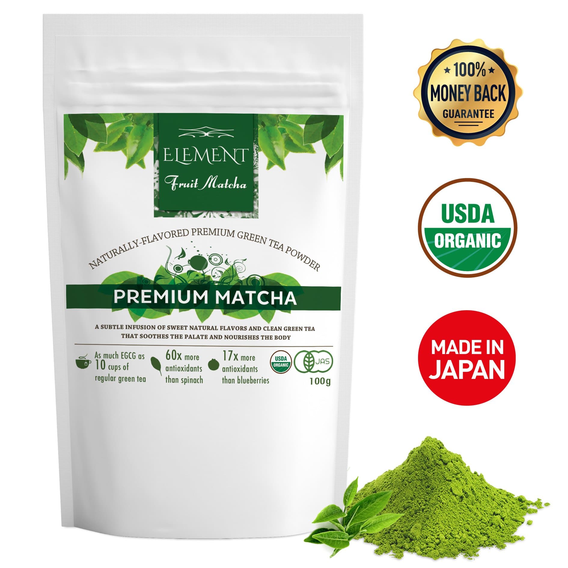 Element Matcha - Matcha Green Tea Powder Flavored with Natural Fruit - Premium Unflavored - (3.5oz/100g)(30 servings) - USDA Organic - Perfect for: Green Smoothies - Shakes - Baking - Matcha Lattes