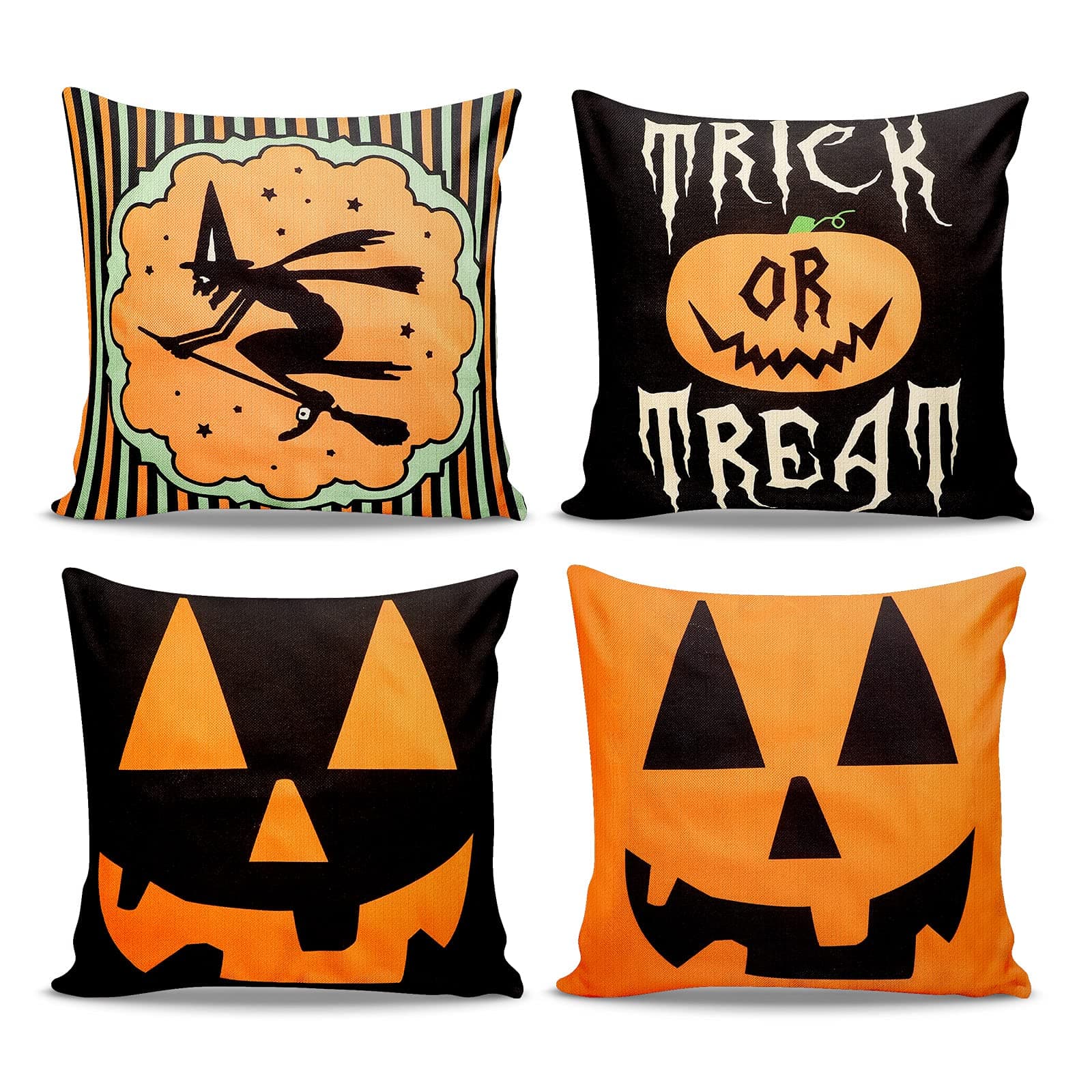Pobuu Halloween Pillow Covers,18x18 Inch Happy Halloween Trick or Treat Pumpkin Pillow Case ,Set of 4 Halloween Decoration Sofa Couch Throw Pillow Covers for Halloween Party Favors Supplies