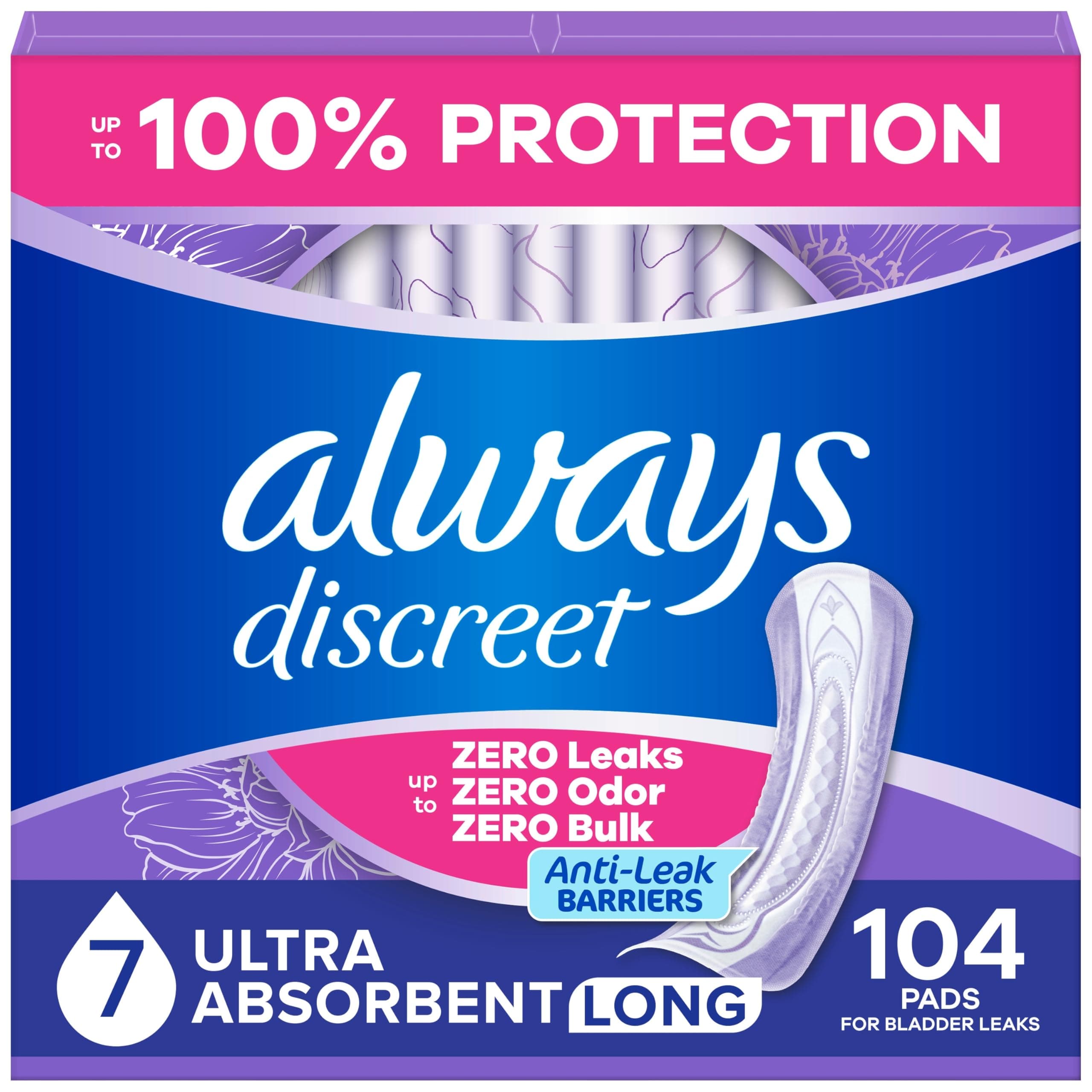 Always Discreet Adult Incontinence Pads for Women, Drier, 7 Drop Long Length, Ultra Absorbency, Pads for Bladder Control Management, Bladder Leaks, Overnight & Postpartum Pads, 104ct