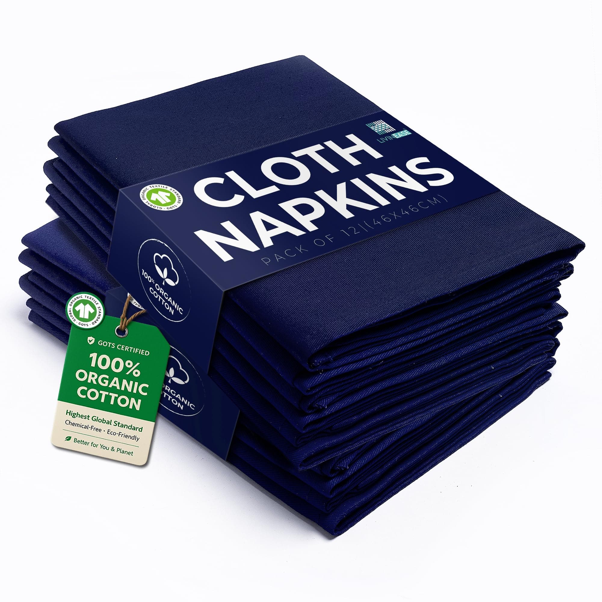 LivinEase Cotton Cloth Napkins Set of 12-100% Cotton 46 x 46 cm Reusable Oversized Navy Dinner Napkins -Heavy Weight Hotel Quality Pure Cotton Fabric -Ideal for Home Use & Events
