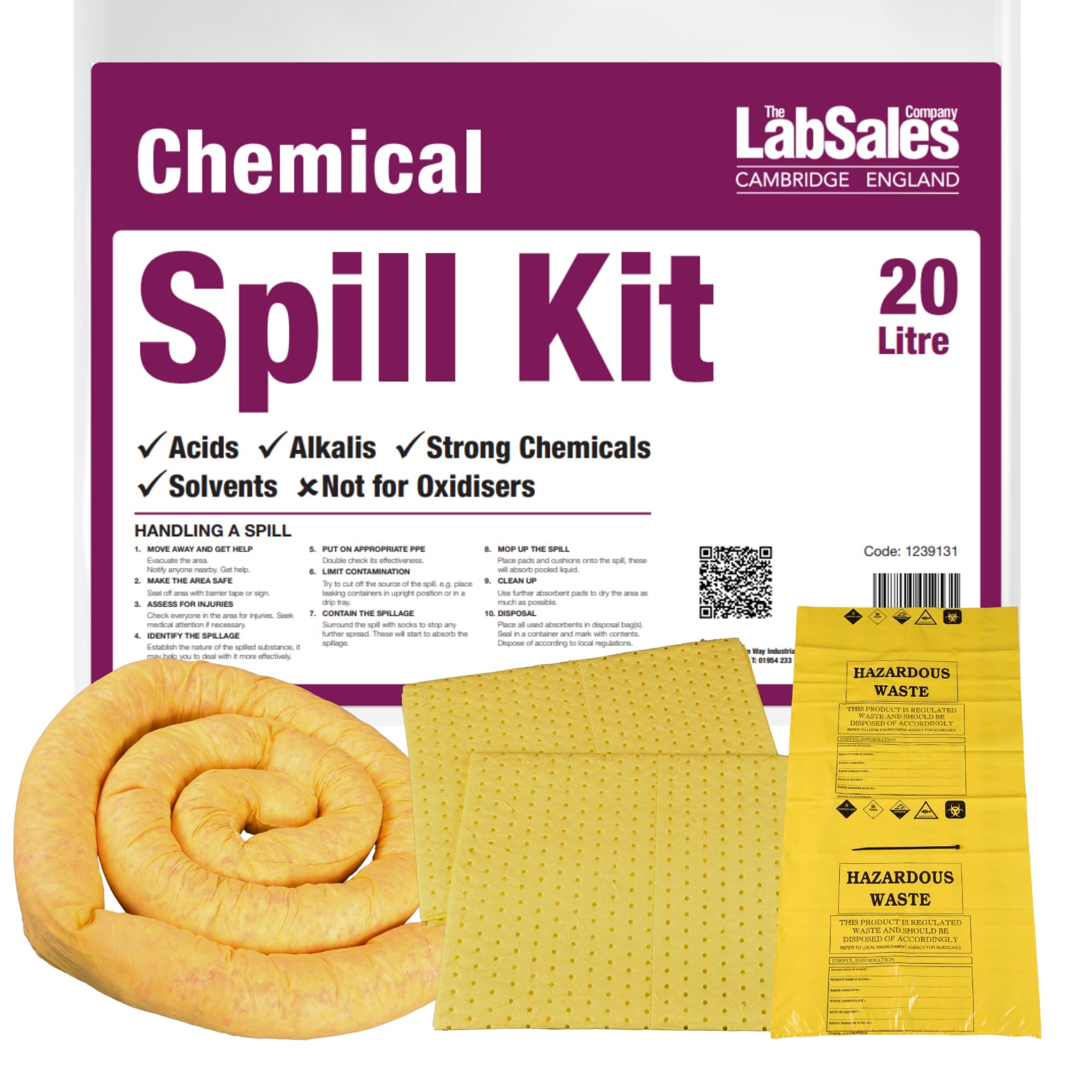 – Labsales 20lt Chemical Spill Kit With Super Absorbent Pads, Socks & Disposal Bag, Suitable For Acids, Alkalis, Strong Chemicals & Solvents, Made in Britain, Pack of one spill kit (20lt)