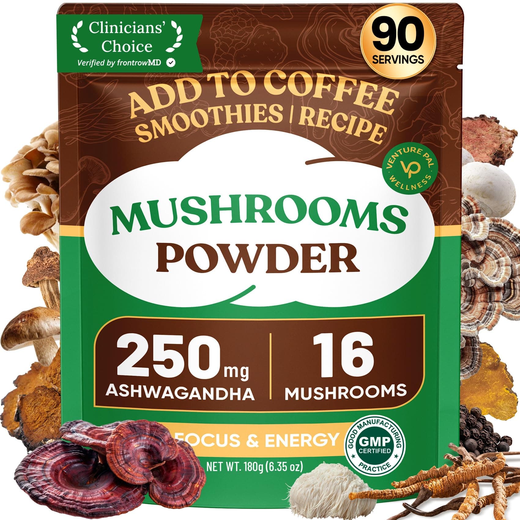 Venture Pal Mushroom Powder – 16 Mushroom Blend with Adaptogens for Coffee & Tea | Ashwagandha, Lion’s Mane, Rhodiola | 10:1 Extract from 100% Fruiting Bodies | 90 Servings
