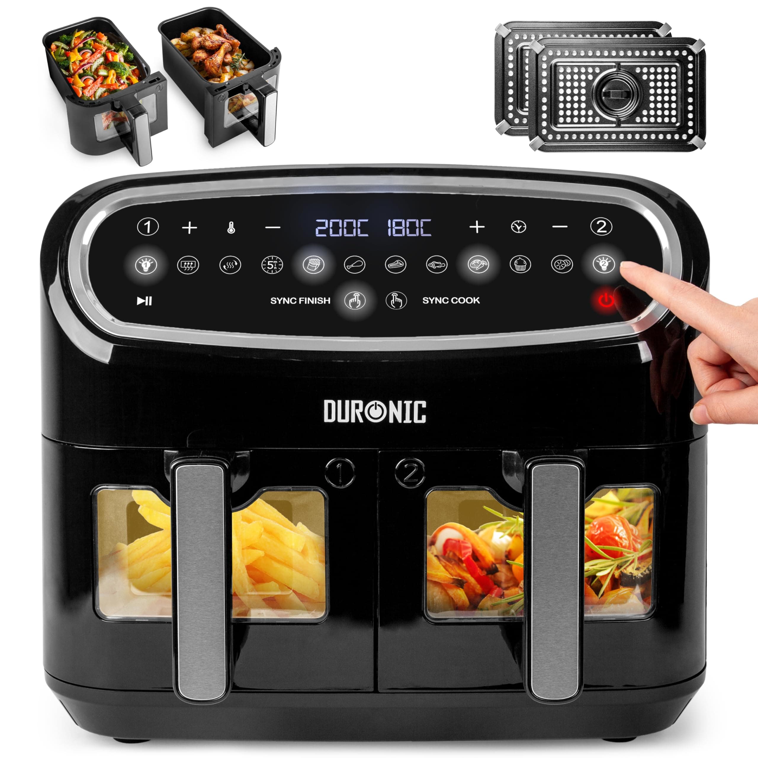 Duronic Twin Air Fryer AF24, 10L Digital Large Air Fryer Dual Basket with Visual Window, Dual Zone Double Multi Cooker Oven Grill for Family, Healthy Recipes like Chicken Thighs, Roast Potato, Chips