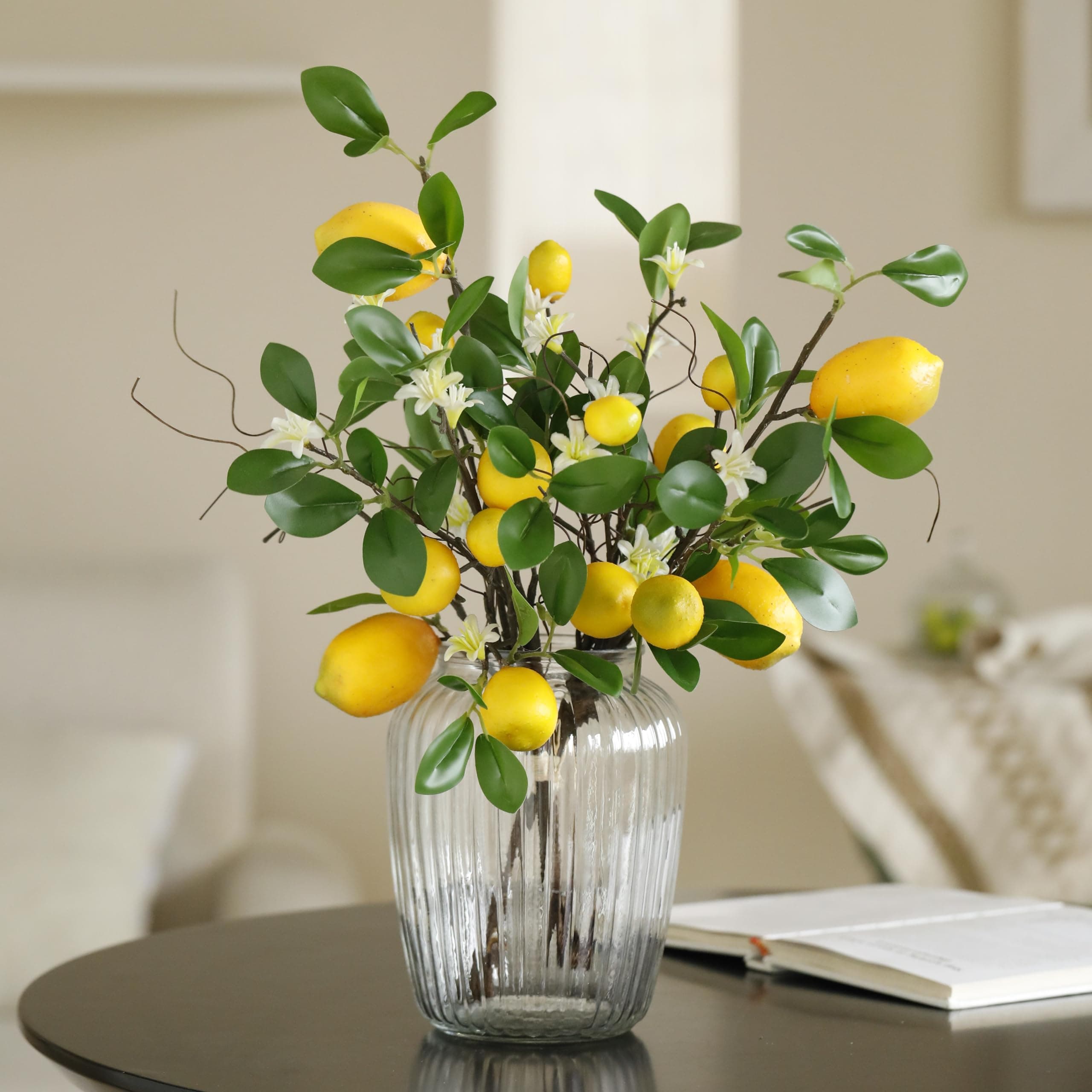 Artificial Lemon Tree Branches, 8 Heads Yellow Artificial Lemon Tree Branches Stems with Magnolia Flowers and Willow Leaves, Fake Lemon Tree Plants for Home Kitchen Table Centre Decor Farmhouse Party