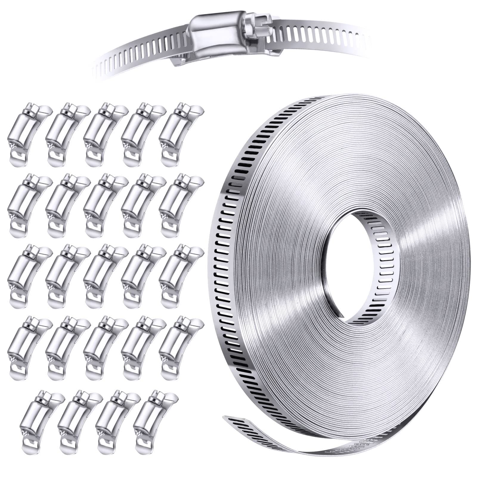 304 Stainless Steel Hose Clamp Assortment Kit DIY, Cut-To-Fit 50 FT Metal Strap+24 Stronger Fasteners, Large Adjustable Worm Gear Hose Clamps Screw Clamps Duct Pipe Metal Clamp Strapping