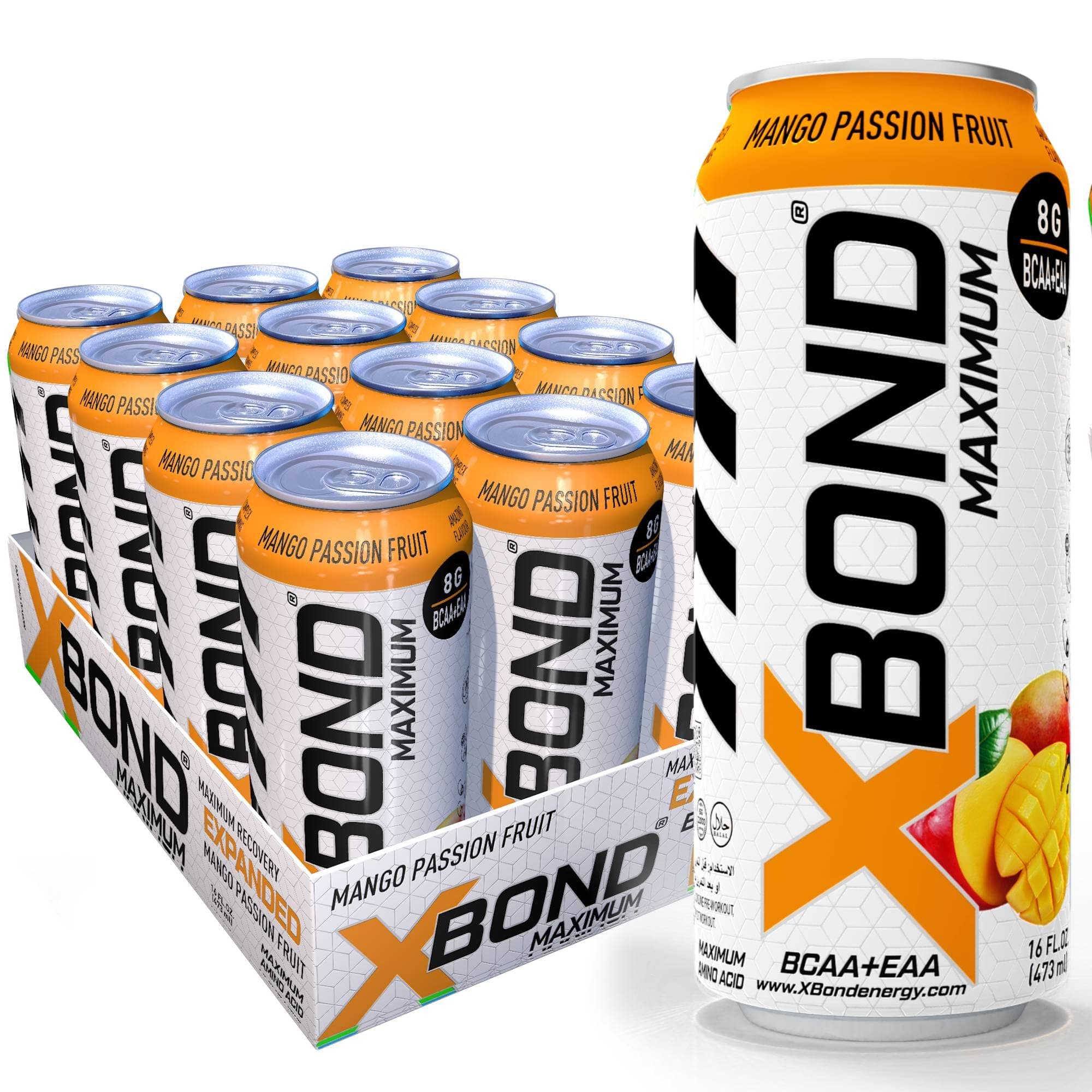 Maximum Recovery Passion Fruit Mango Expanded Maximum Amino Drink - BCAA + EAA Electrolytes Drink - 16 fl oz (473 ml) - 8g BCAA/EAA, Sugar Free 34 Calories, 60mg Caffeine Pack of 12