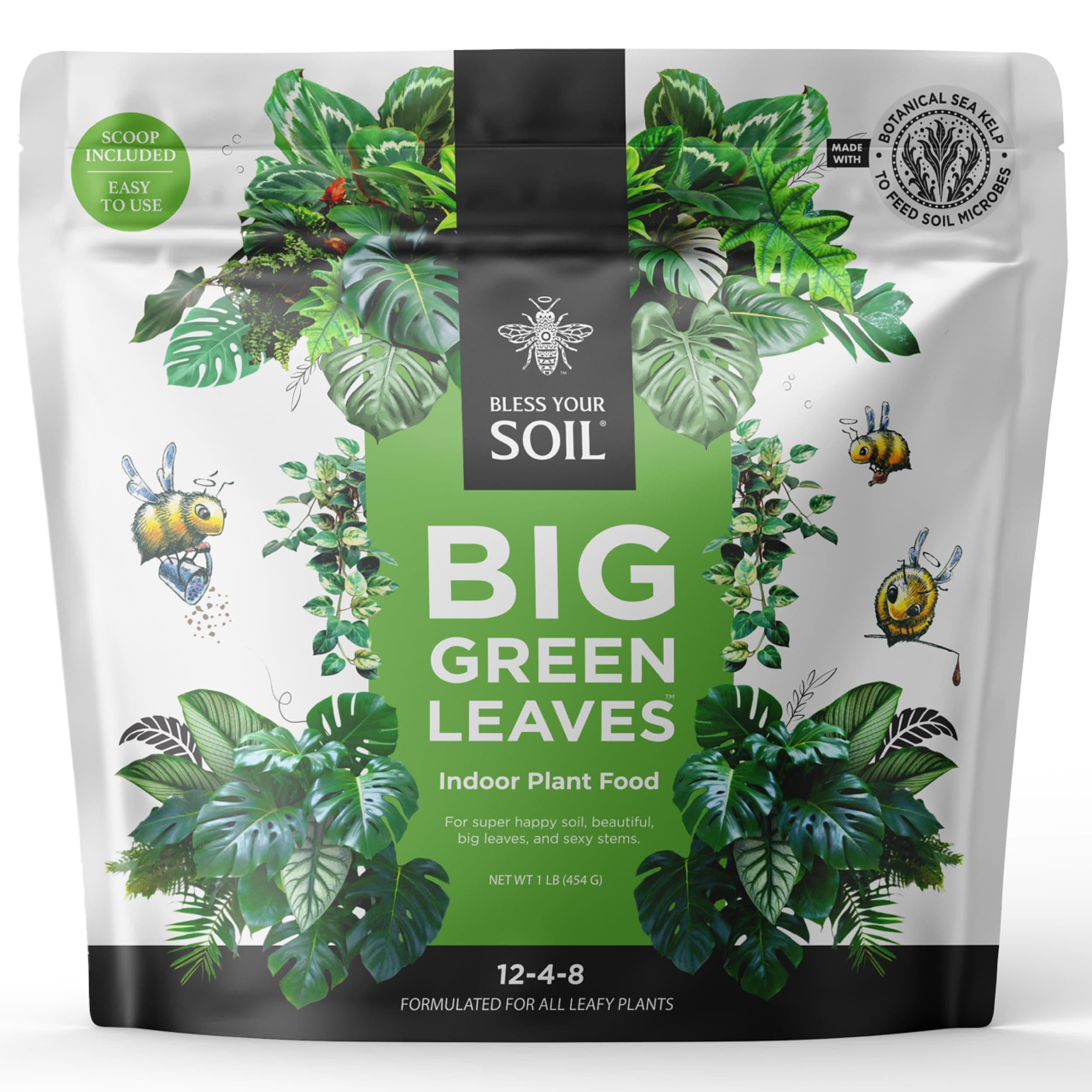 Big Green Leaves Indoor Plant Food – 4X Concentrated Houseplant Fertilizer with Sea Kelp – Makes 90 Gallons – Fast-Acting Mineral Formula, Made in USA (1 lb)