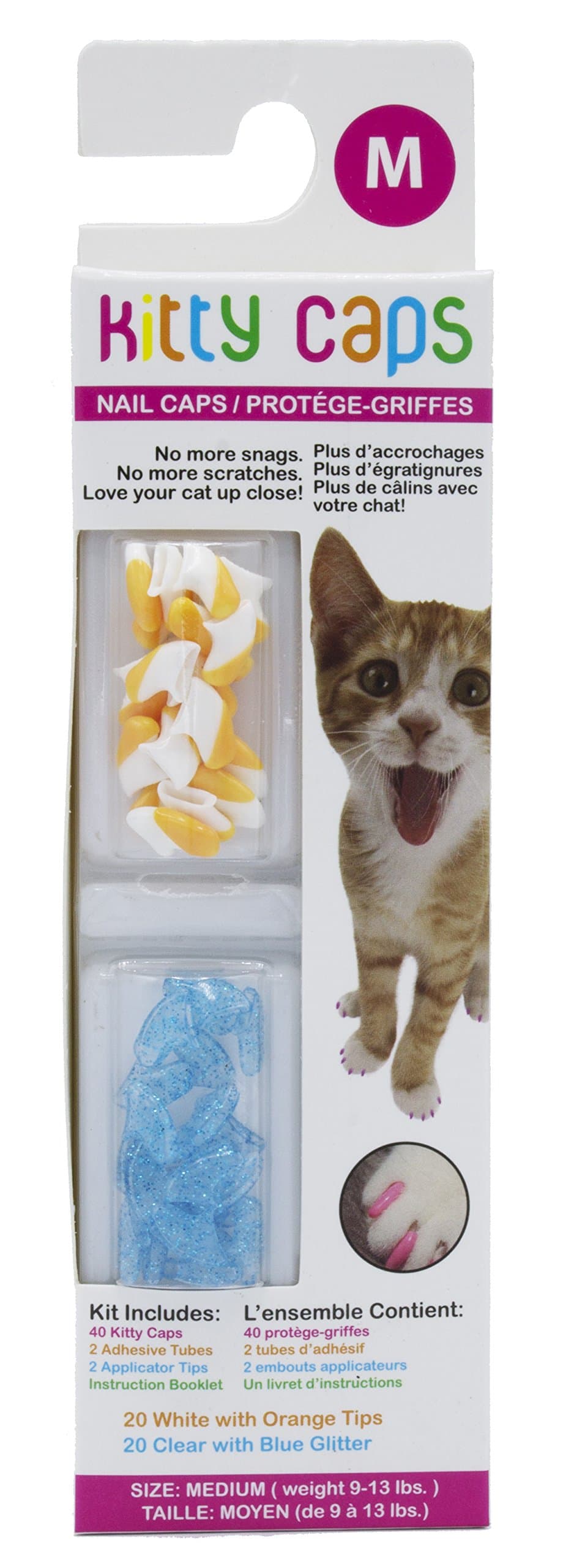 Kitty Caps Nail Caps for Cats, White with Orange & Clear with Blue Glitter - Safe, Stylish & Humane Alternative to Declawing Stops Snags & Scratches, Medium (9-13 lbs), 40 Count