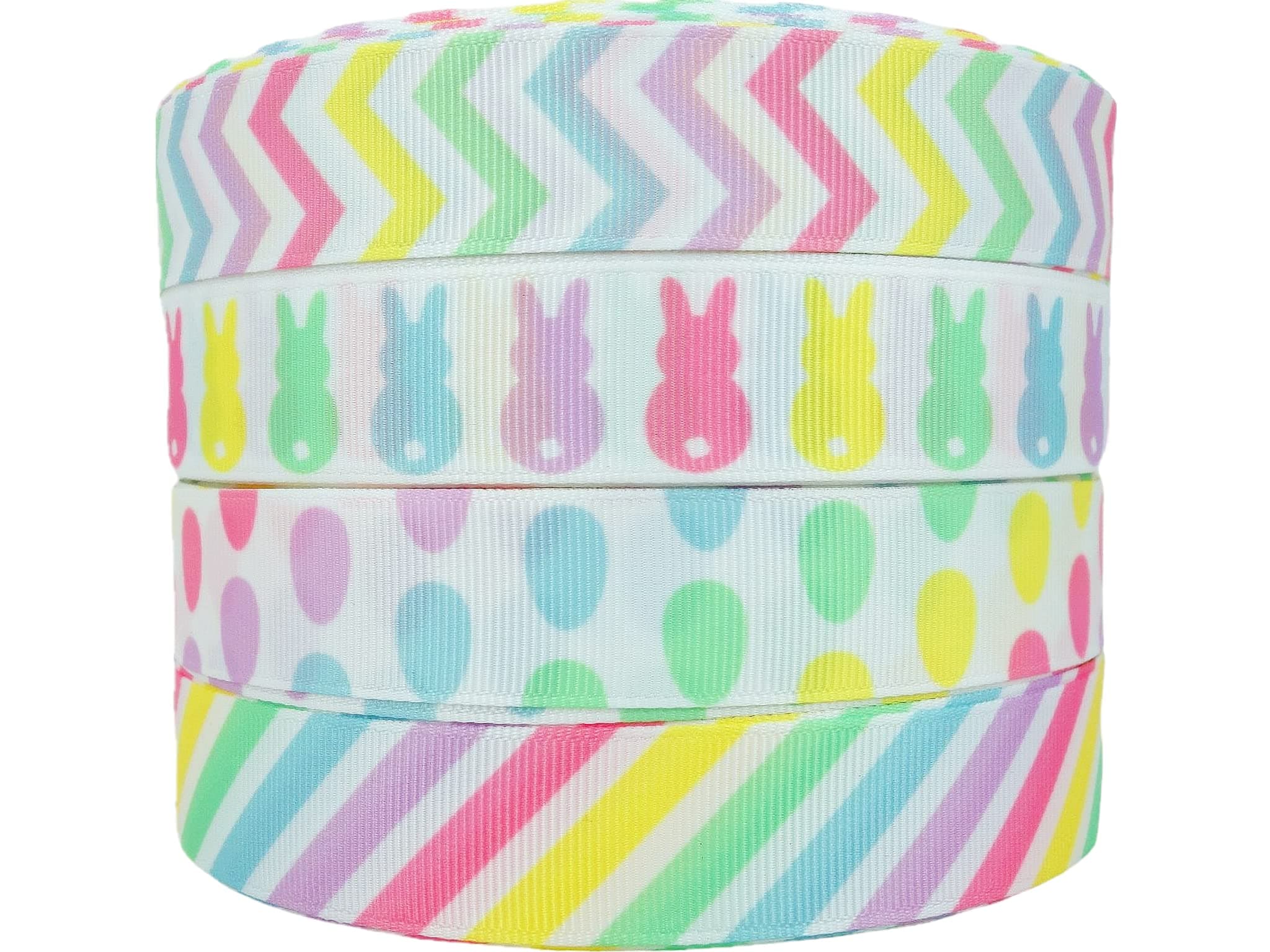 20yds( 4X5yds ) 7/8" Spring Easter Day Pastel Chevron Bunny Egg Stripe Printed White Solid Grosgrain Ribbon Hairbow Craft Supplies