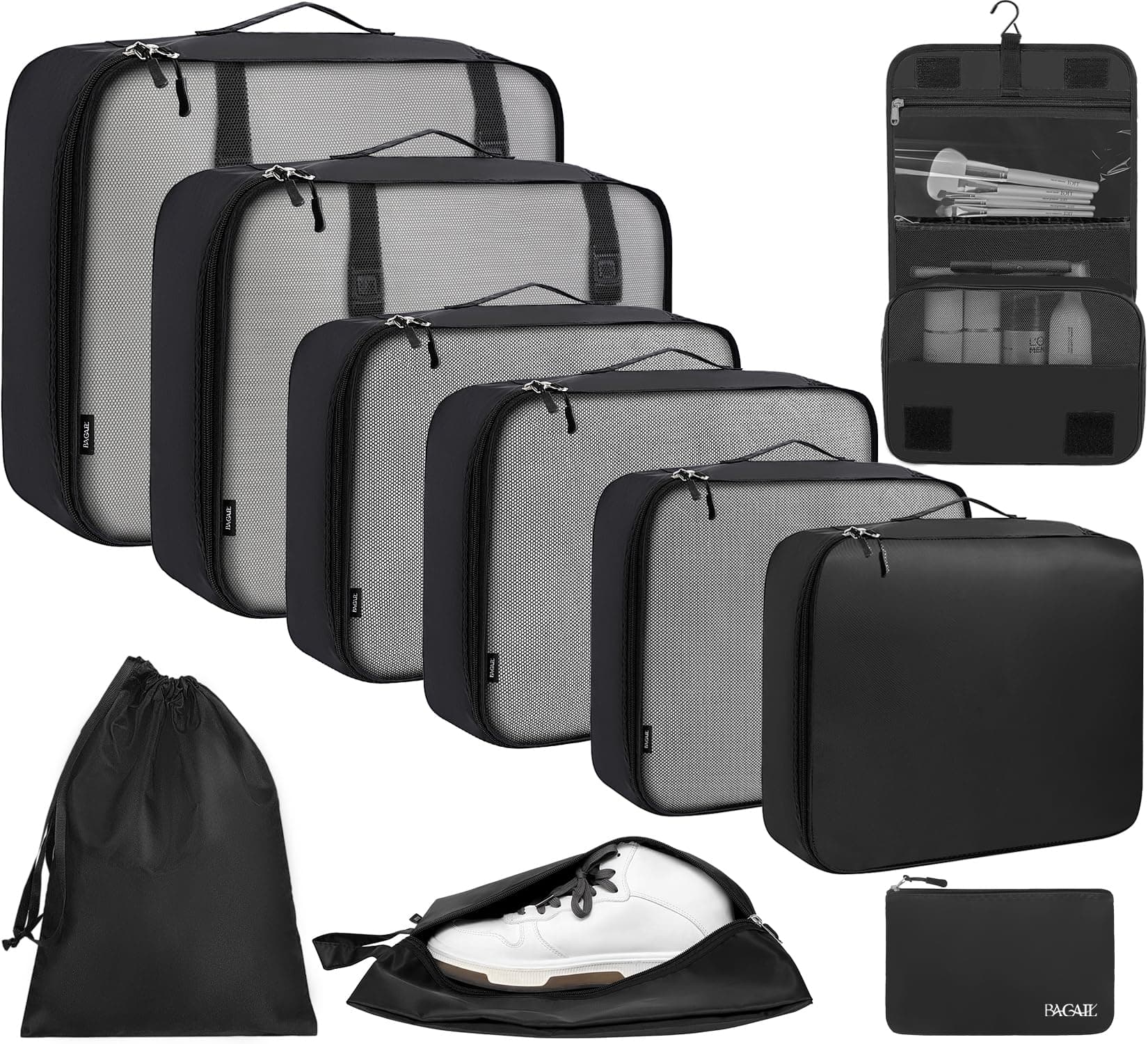 BAGAIL 10 Set Packing Cubes Various Sizes Packing Organizer for Travel Accessories Luggage Carry On Suitcase - Black