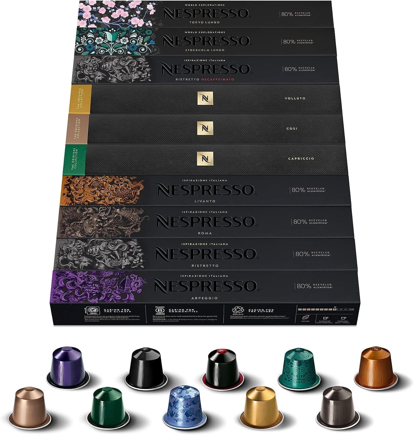 Original Coffee Pods, 100 mix pack - 10 Ristretto, 10 Arpeggio, 10 Roma, 10 Cosi, 10 Volluto capsules and more for Nespresso machines. Make Espresso, Cappuccino & Macchiato. Recyclable Pods
