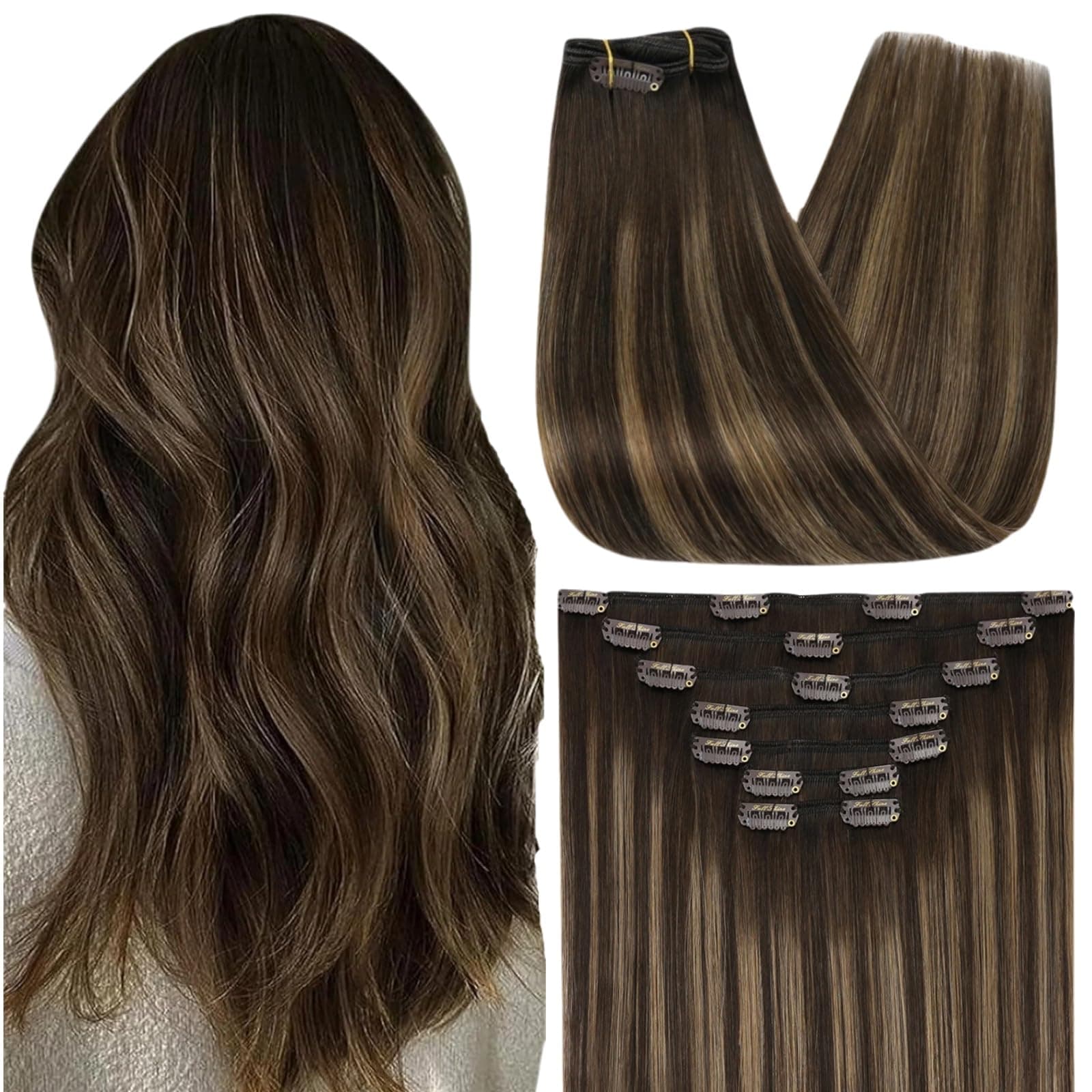 Balayage Clip in Hair Extensions 22 Inch Hair Clip in Extensions Dark Brown to Light Brown Hair Extensions Real Human Hair Clip ins Straight 7 Pcs 120g