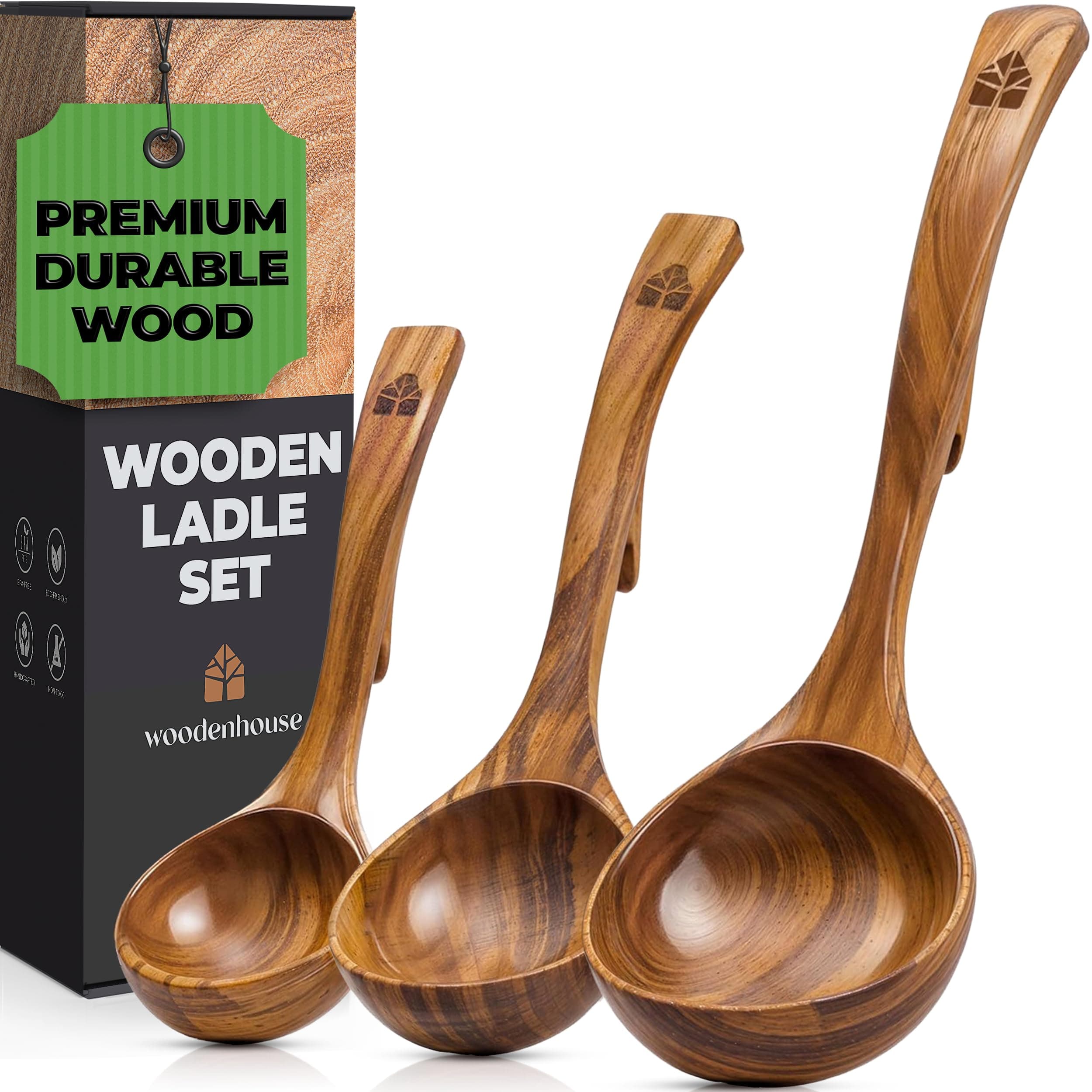 Wooden Ladle for Soup, 3 Size Teak Wood Ladle Spoon with Back Hooks for Pot & Bowl, Non-Stick Wooden Spoon Set for Cooking, Serving and Stirring