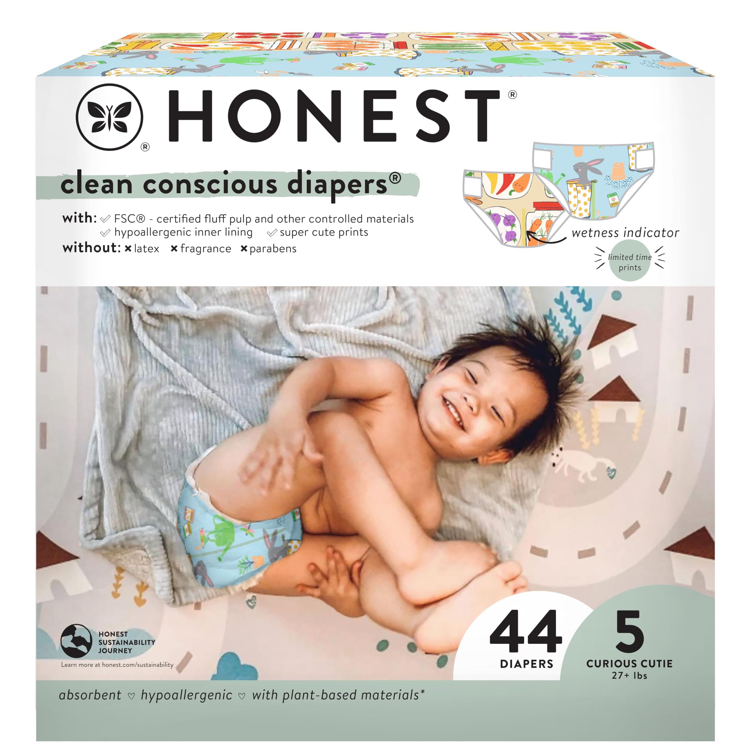 The Honest Company Comfort Dry Disposable Diapers for Sensitive Skin, Hypoallergenic, Fragrance-Free, Spring '25 Seasonal Prints, Club Box, Size 5 (27 lbs), 44 Count