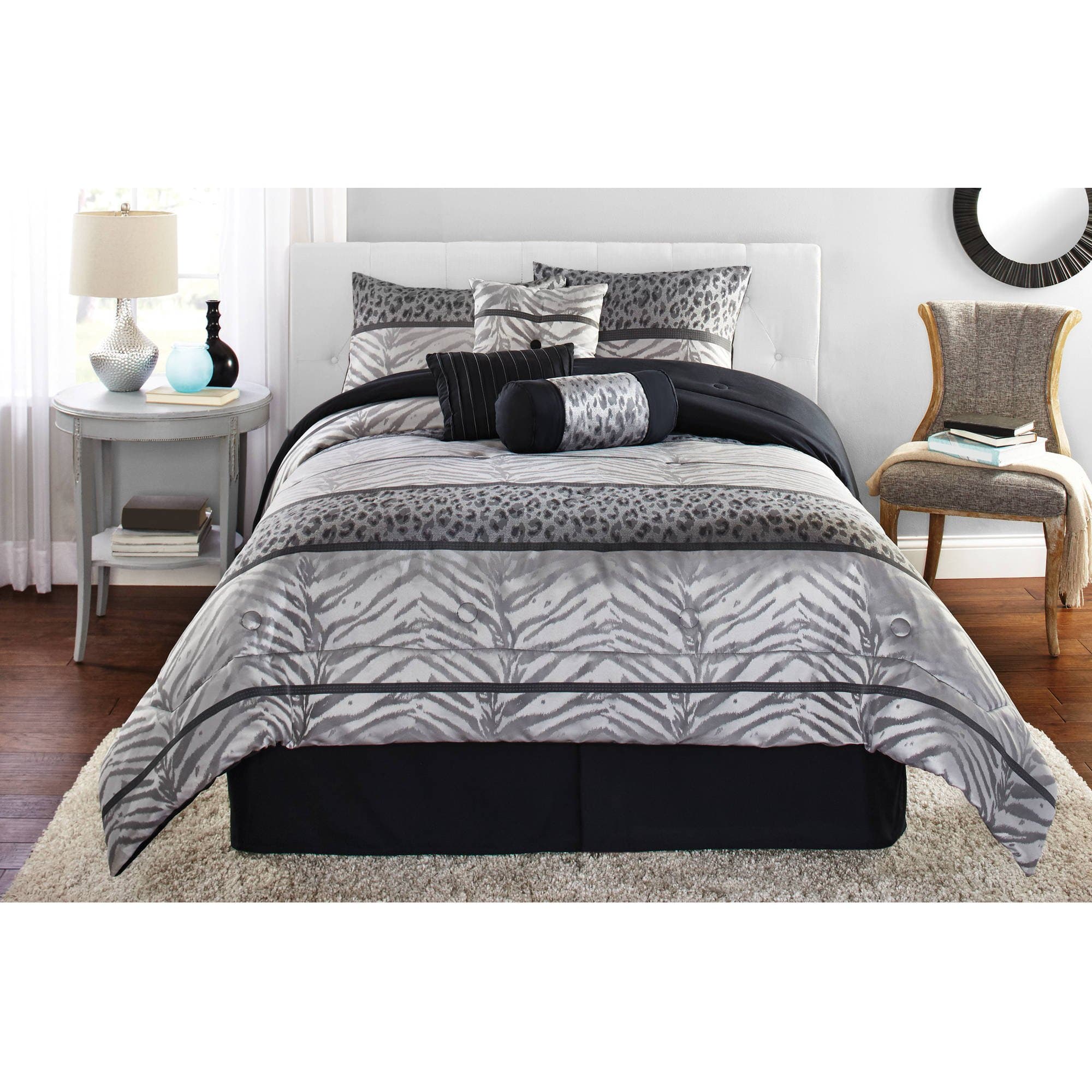Mainstays 7 Piece Animal Jacquard Zebra Striped Black and Grey Bedding Comforter Set, KING