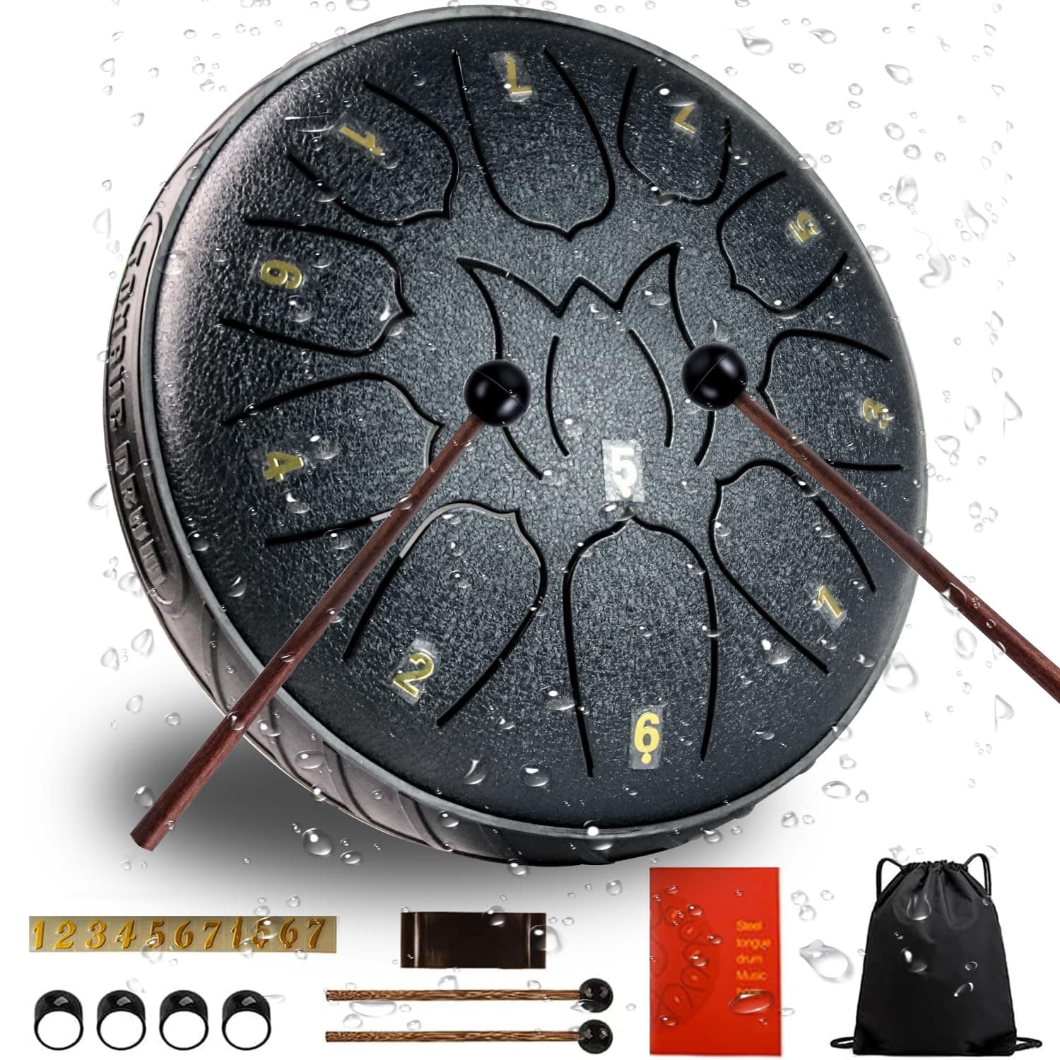 Eavnbaek Steel Tongue Drum - 11 Notes 6.5 Inch Steel Hand Drum with Bag, Music Book, Drumsticks, Mallet Holder and Finger Picks, Tongue Drum for Camping, Meditation or Yoga (Navy Blue)