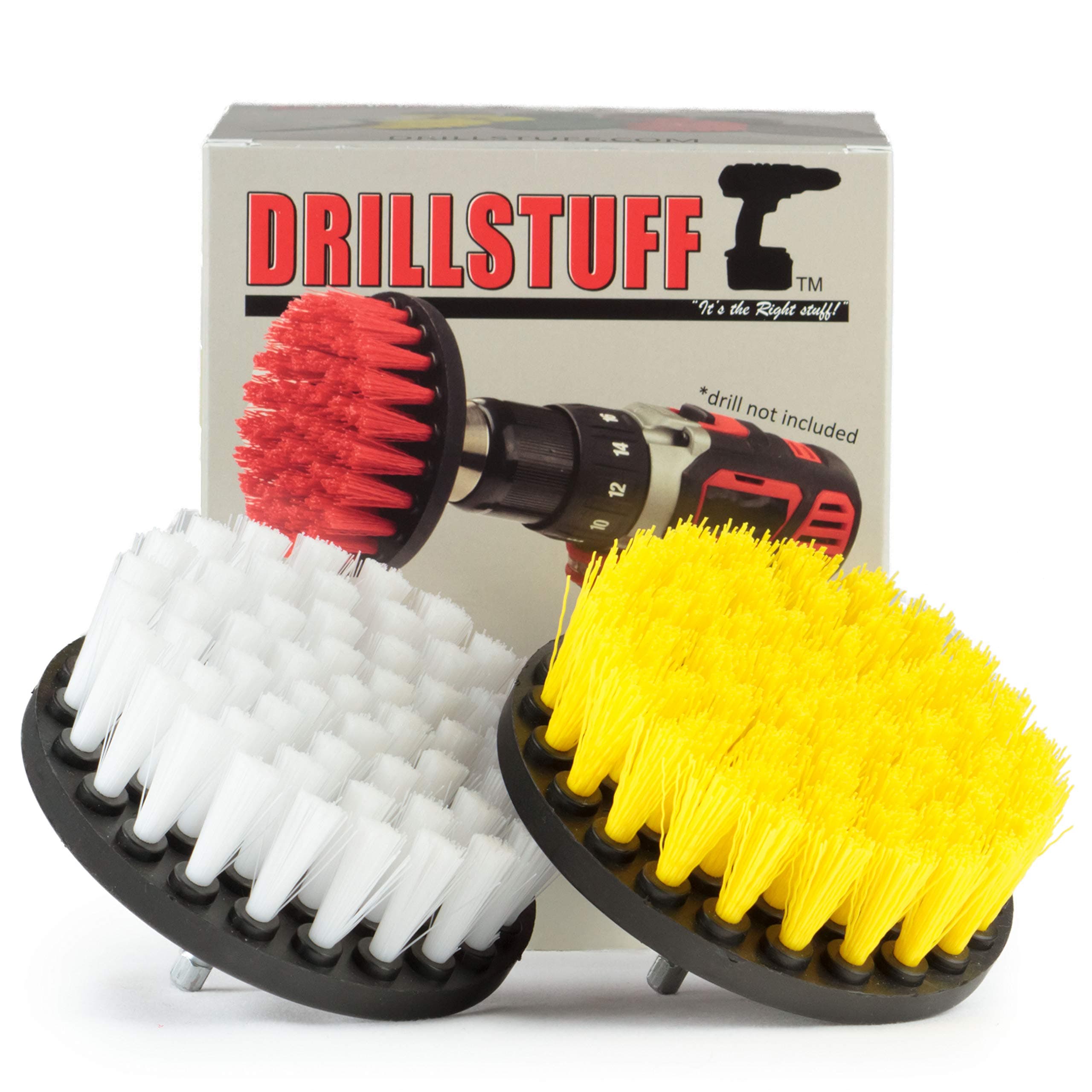 DrillstuffCleaning Brushes - Set of 2 Power Scrubbers, Yellow and White, Plastic Handles, Quick Change Shaft, Ideal for Bathroom and Outdoor Cleaning