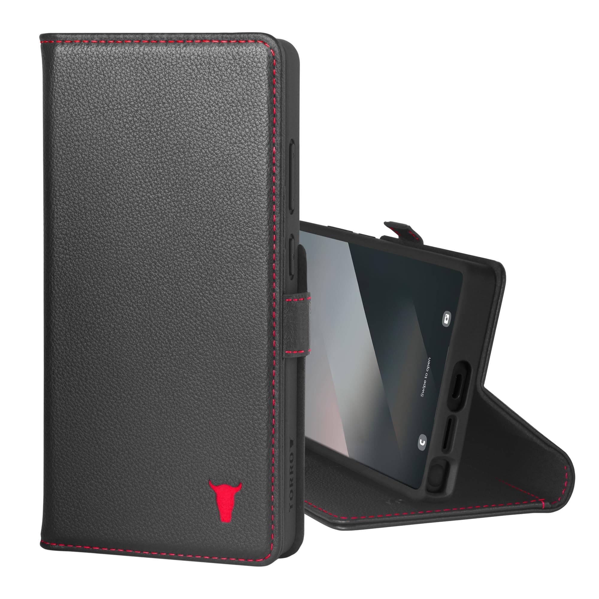 TORRO Premium Leather Case Compatible with Samsung Galaxy S25 Ultra 5G (6.9”) 2025 – Genuine Leather Wallet Flip Folio Case with Kickstand and Card Slots (Black with Red Detail)