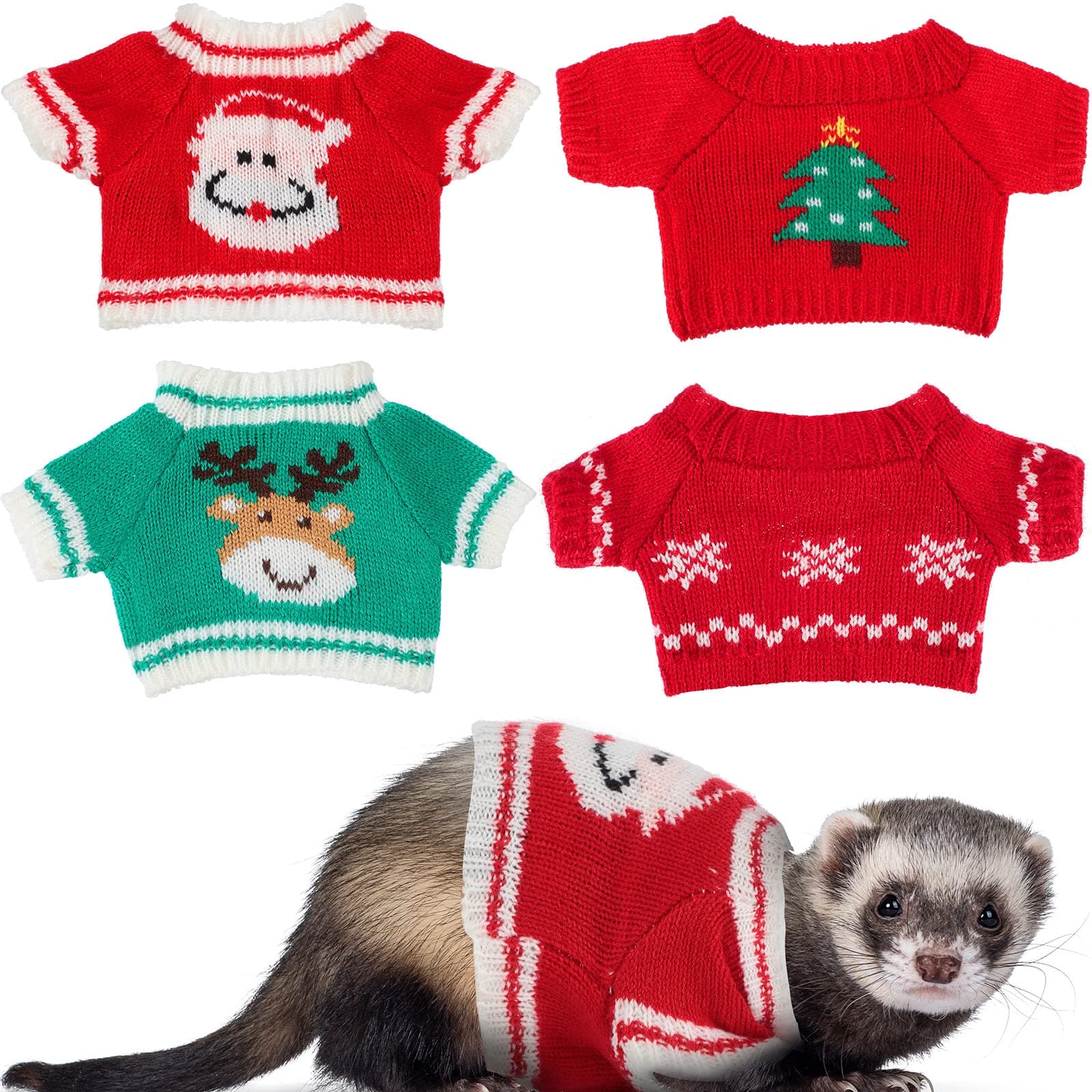 4 Pcs Ferret Clothes Hamster Sweater Guinea Pig Clothes Bunny Costume Knitted Sweatshirt for Warm Winter Christmas Vest Clothing Ferret Accessories Kit Small Animal Outfit (Snowflake Style)