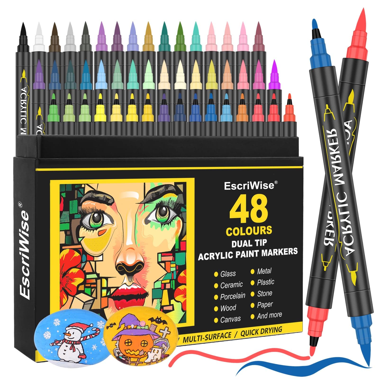 48 Colors Dual Tip Acrylic Paint Pens Set-Permanent Acrylic Paint Markers with Brush and Fine Tip, Water Based Art Paint Pens for Rock Painting Canvas Wood Fabric Glass DIY Craft