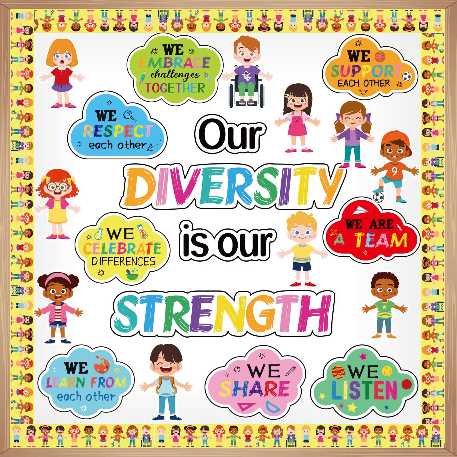 gisgfim Diversity Bulletin Board Decoration Set Diverse Students Borders Cutouts for Party School Classroom Door Welcome Bulletin Board Craft Home Wall(Our Diversity is Our Strength)