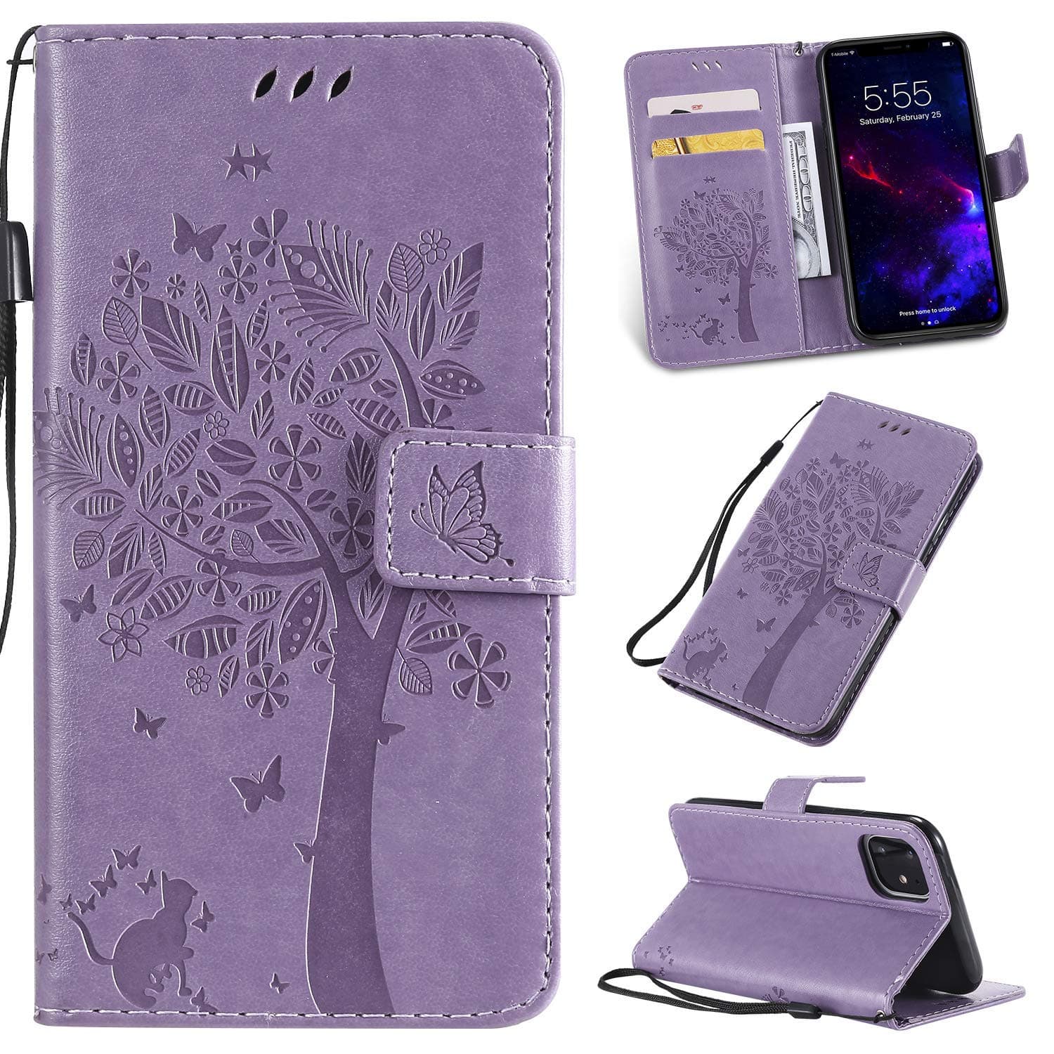 NoMOiPhone 11 Case with Screen Protector, Flip Case PU Leather Embossed Tree Cat Flowers Folio Magnetic Kickstand Cover Card Slots - Light Purple